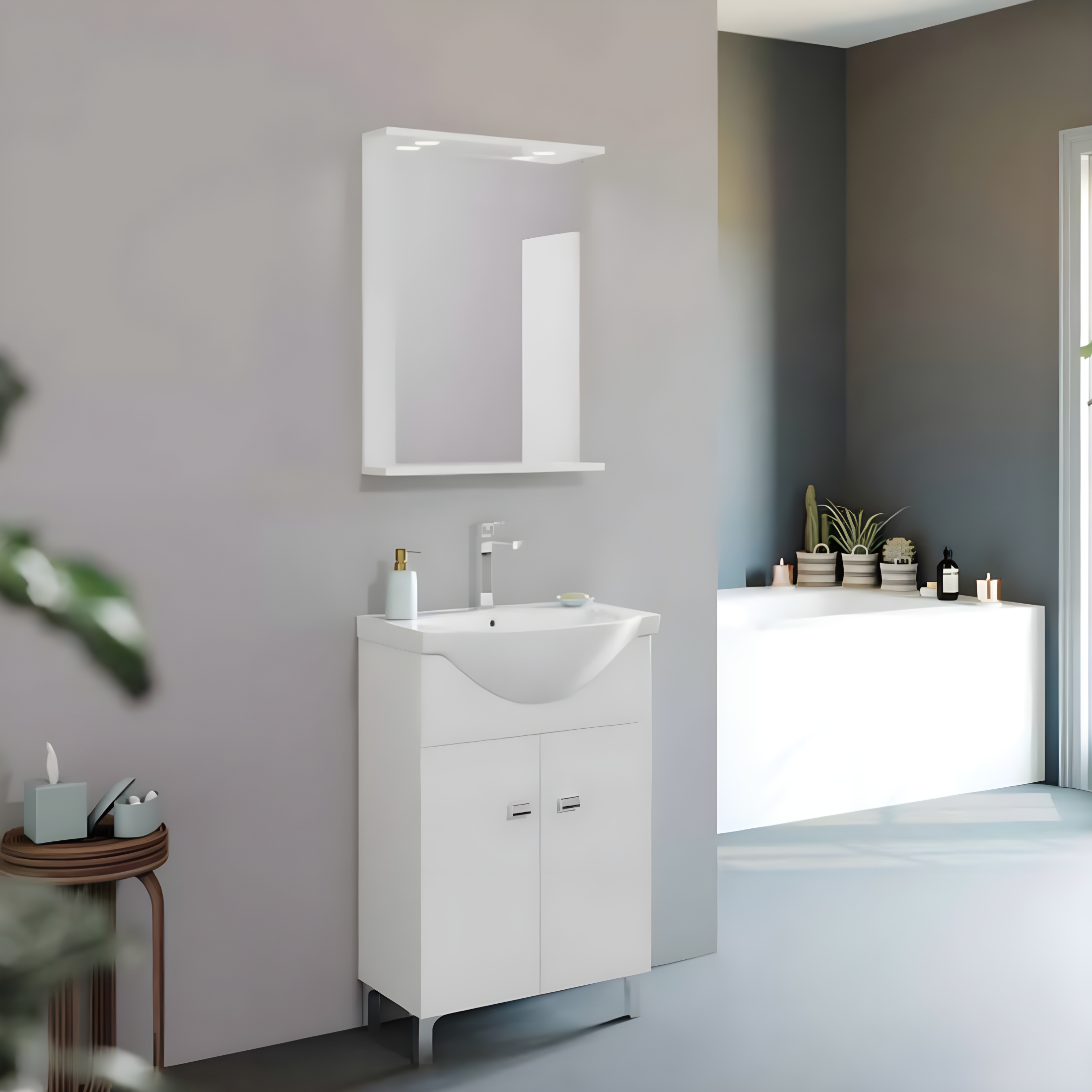 "Kiro" bathroom furniture in melamine with a glossy white finish, built-in ceramic sink and mirror