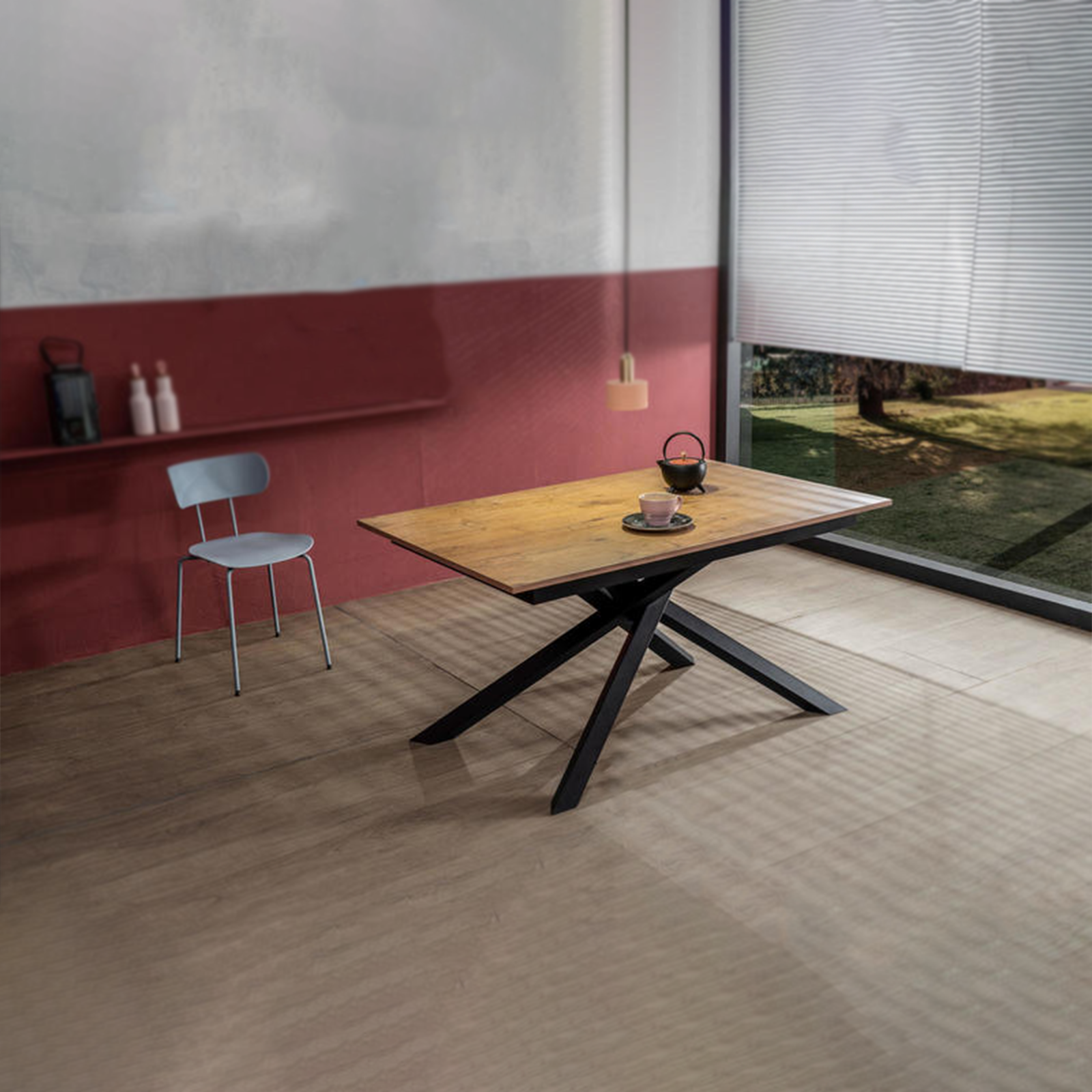 Modern extendable "Atene" table with melamine top and painted metal legs