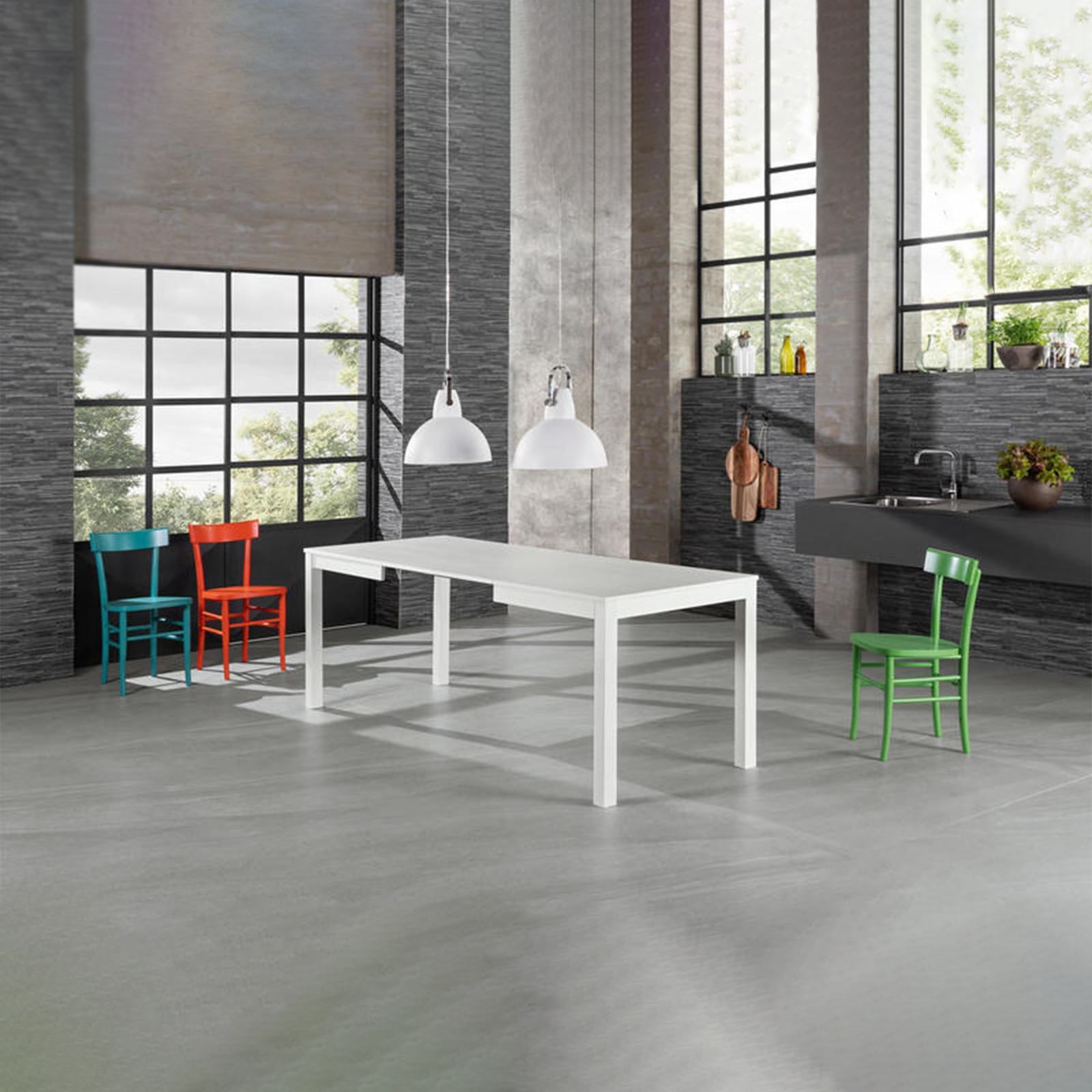 "Creta" extendable table with melamine top and solid wood legs, 130/210x80 cm, 76 cm high.