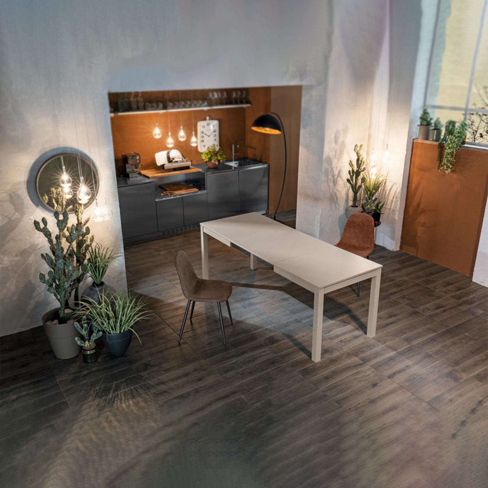 "Creta" extendable table with melamine top and solid wood legs, 130/210x80 cm, 76 cm high.