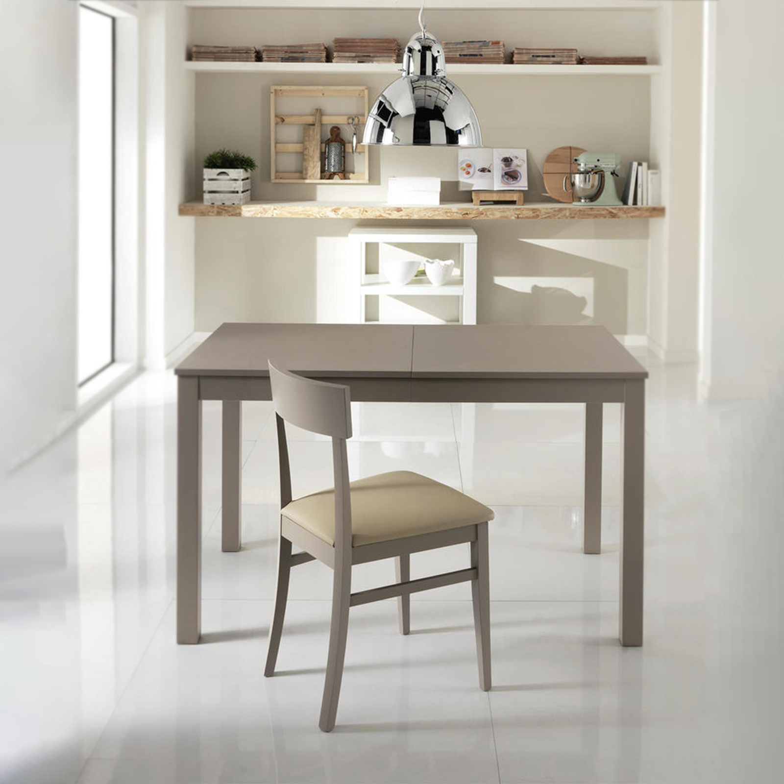 "Creta" extendable table with melamine top and solid wood legs, 130/210x80 cm, 76 cm high.