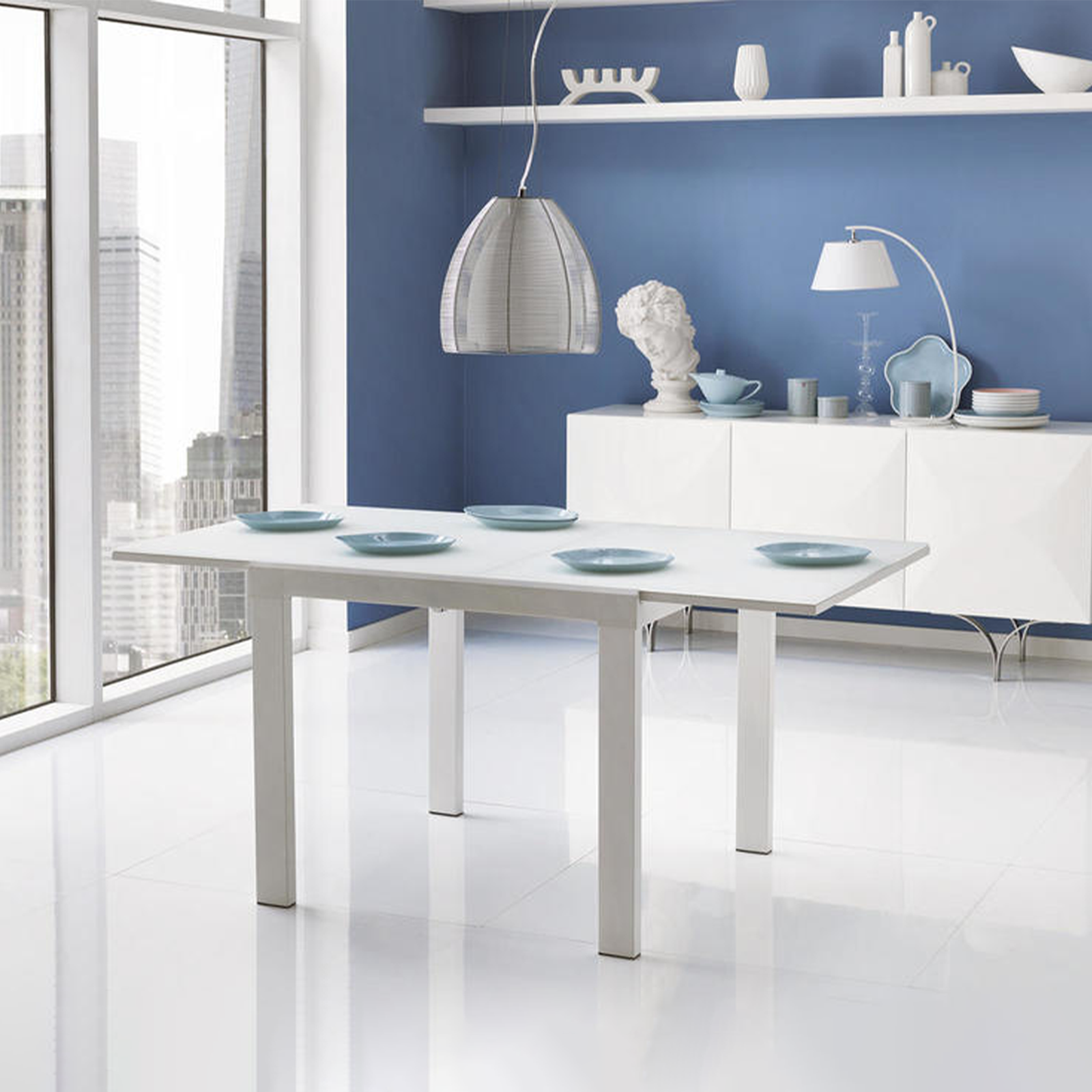 Extendable table "Benny" tempered glass top metal frame 6 seats 164x90 cm 76h