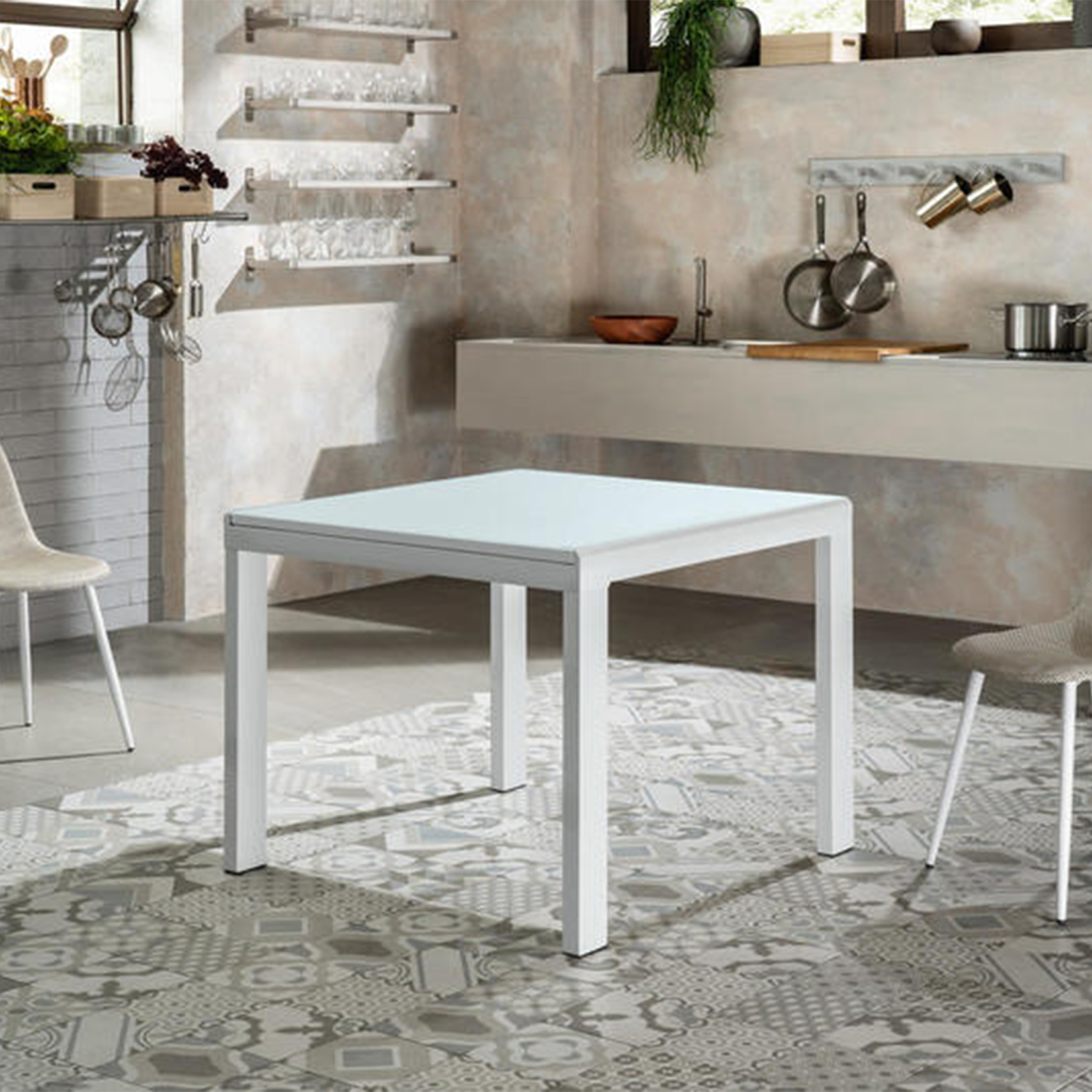 Extendable table "Benny" tempered glass top metal frame 6 seats 164x90 cm 76h