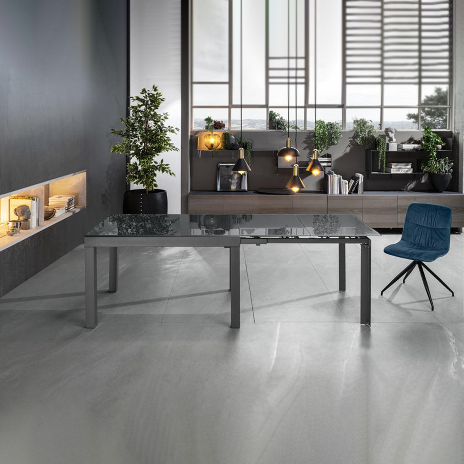 Extendable table "Rodi" glass top metal frame 10 seats cm 120/350x83 75h