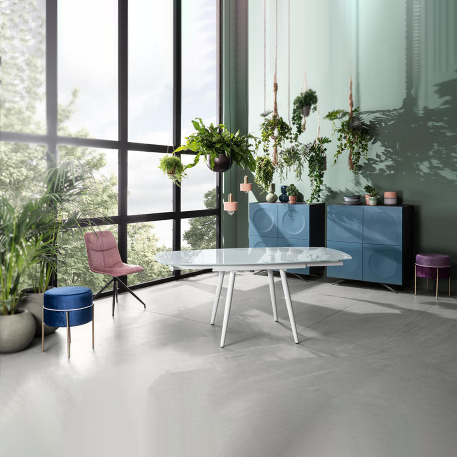 Extendable table in tempered glass "Giulietta" metal frame 120/180x90 cm 76h