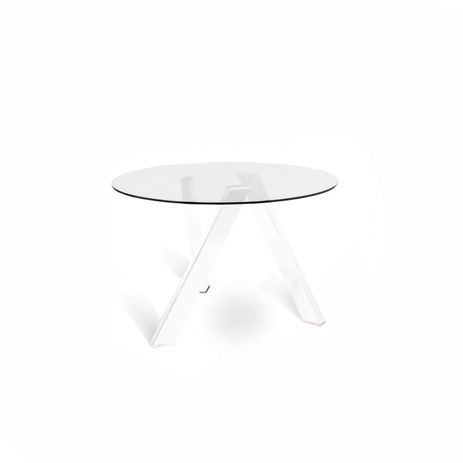 "Idahol" modern round dining table in tempered glass, 120x120 cm, 75 cm high.