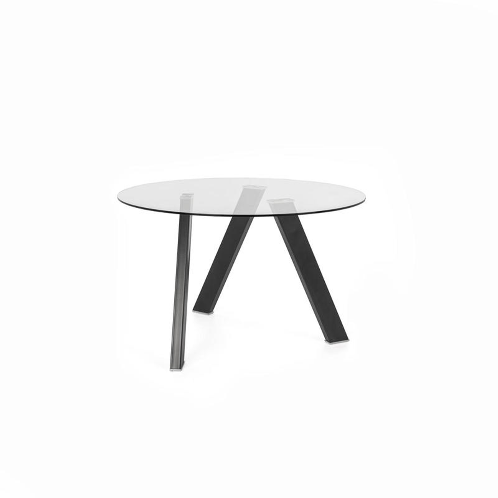 "Idahol" modern round dining table in tempered glass, 120x120 cm, 75 cm high.
