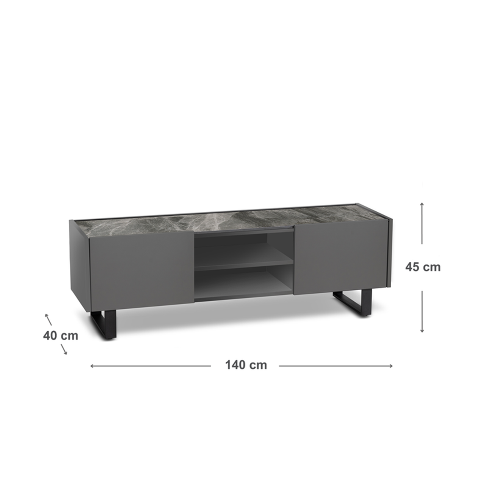 "Théo" TV stand with ceramic top, 2 doors and 2 open compartments, 140x40 cm, 45 cm high