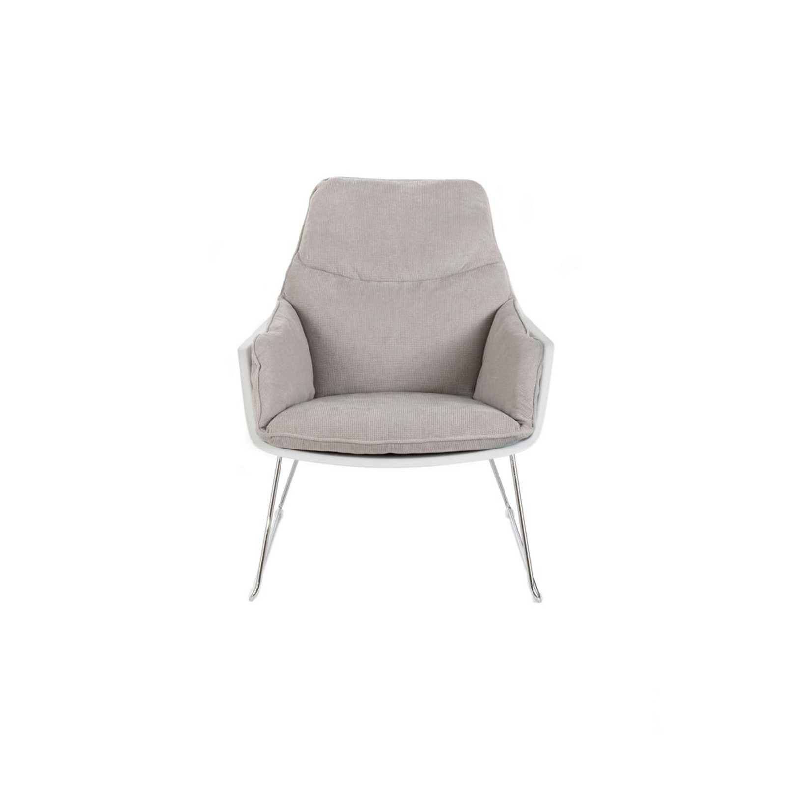 "Audrey" modern upholstered armchair in fabric with metal legs, 74x85 cm, 86 cm high.