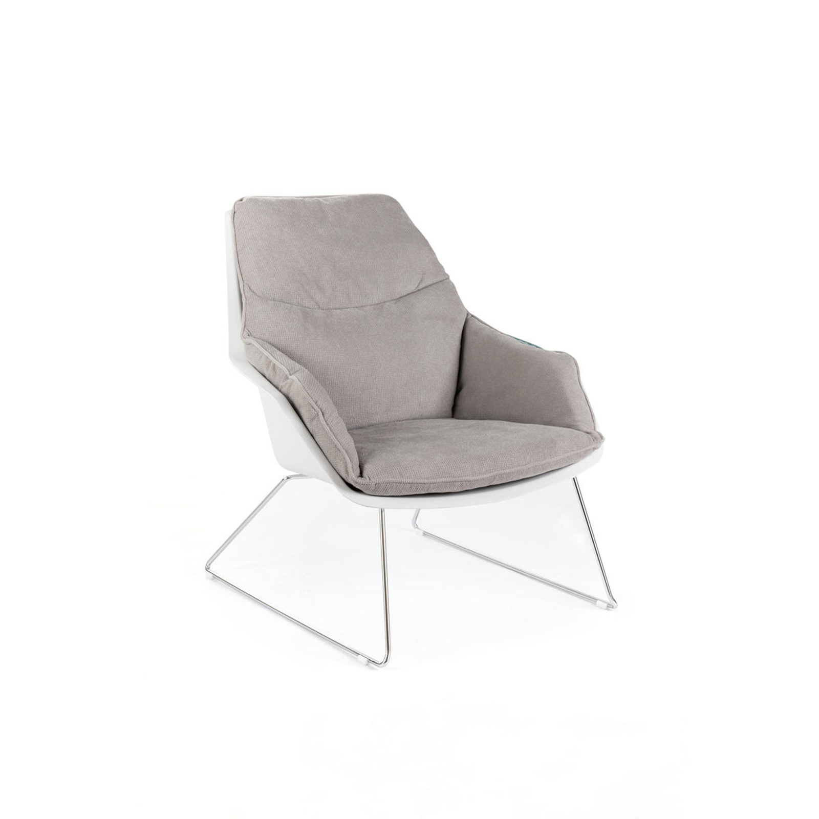 "Audrey" modern upholstered armchair in fabric with metal legs, 74x85 cm, 86 cm high.