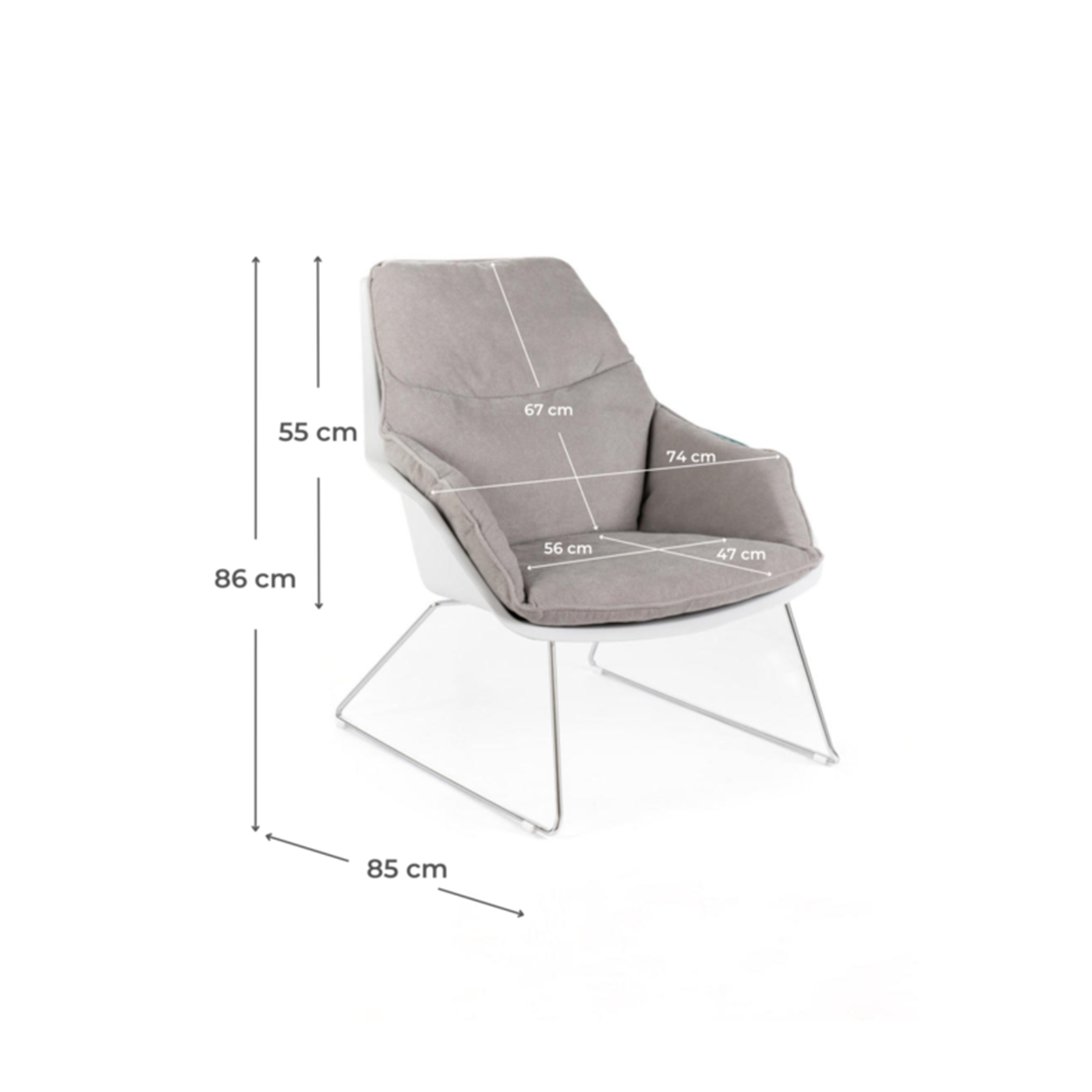 "Audrey" modern upholstered armchair in fabric with metal legs, 74x85 cm, 86 cm high.