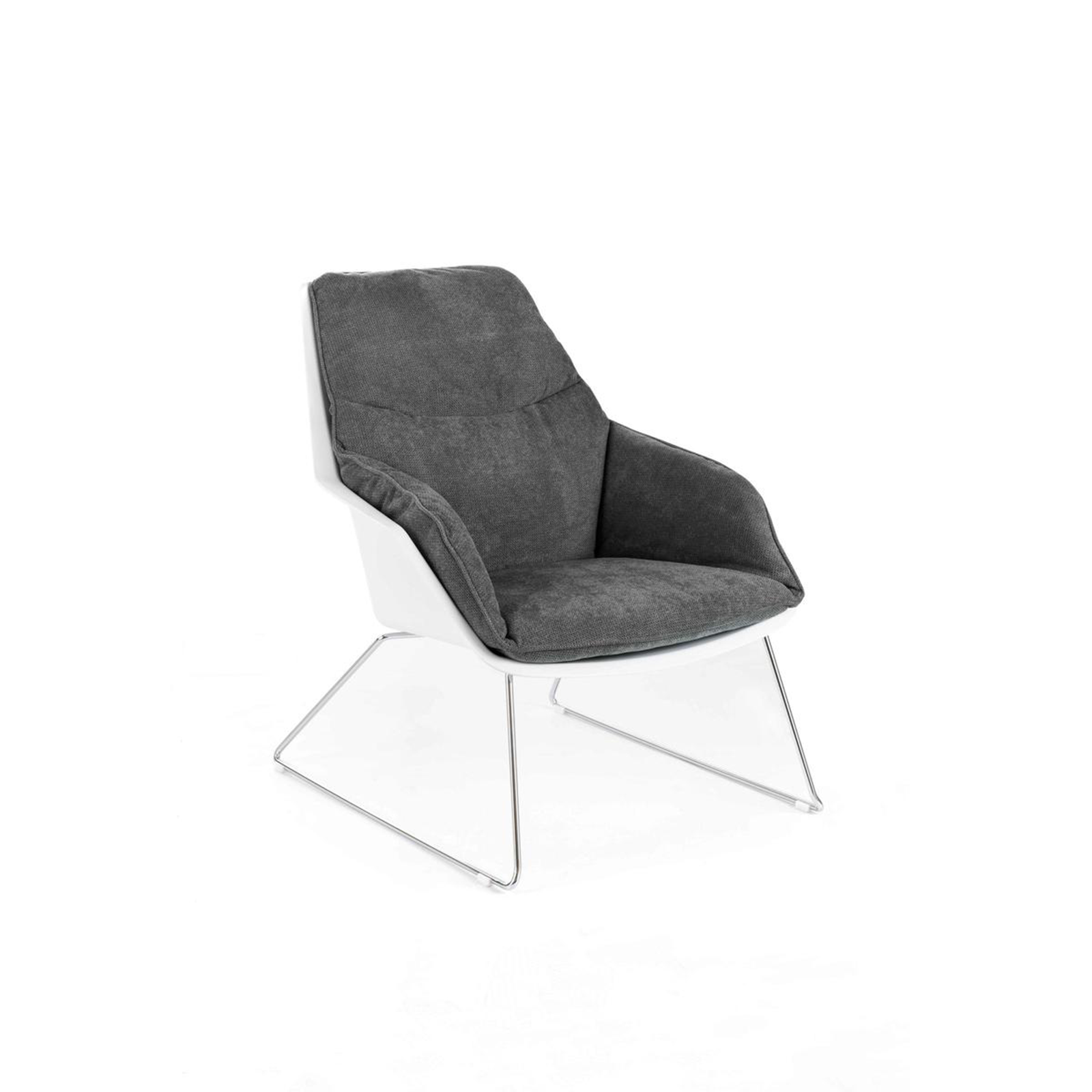 "Audrey" modern upholstered armchair in fabric with metal legs, 74x85 cm, 86 cm high.