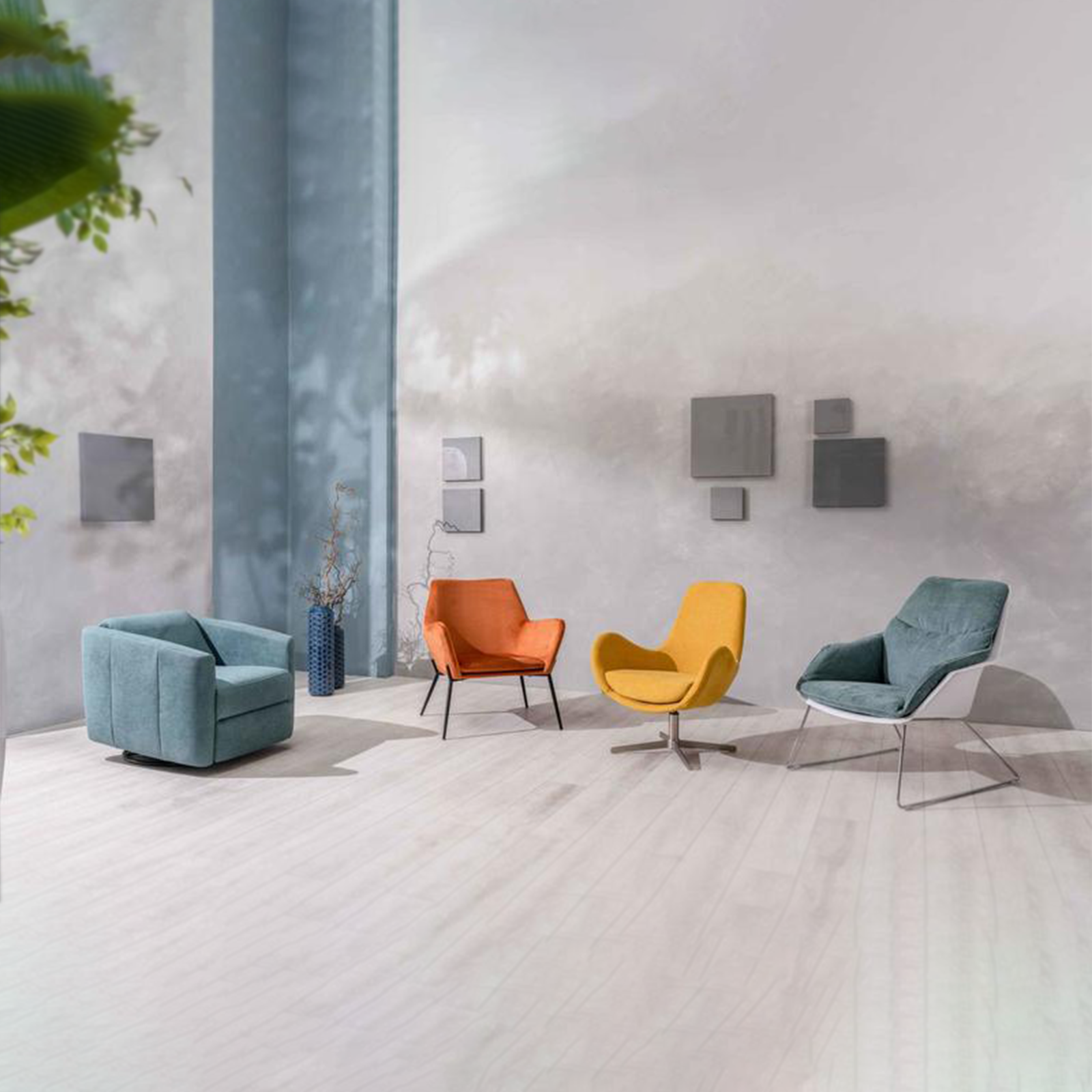 Modern swivel "Rose" reclining armchair in fabric with chrome base, 70x85 cm, 69h