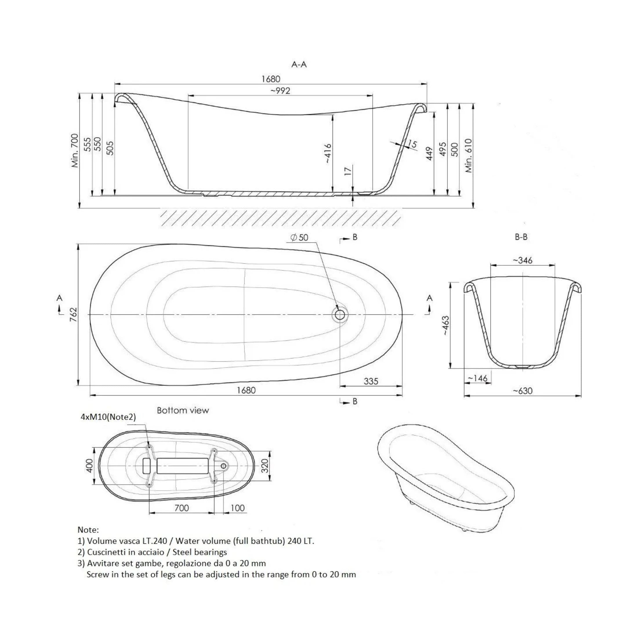 Classic freestanding bathtub "Romanza" in recomposed marble 168x76 cm 55h