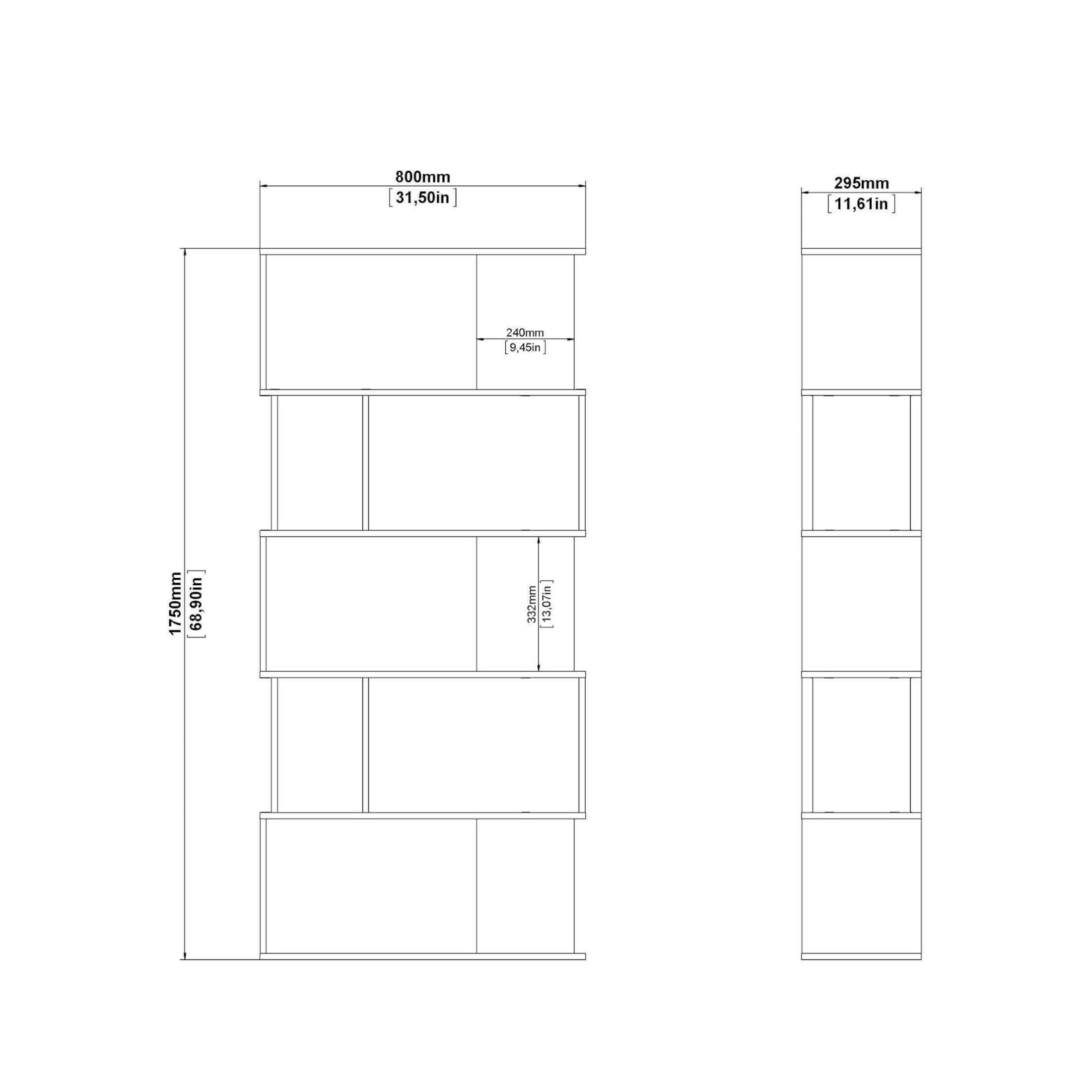 "Maze" modern tall open bookcase with 5 wooden shelves for the living room, 80x29.5 cm, 173.5 cm high