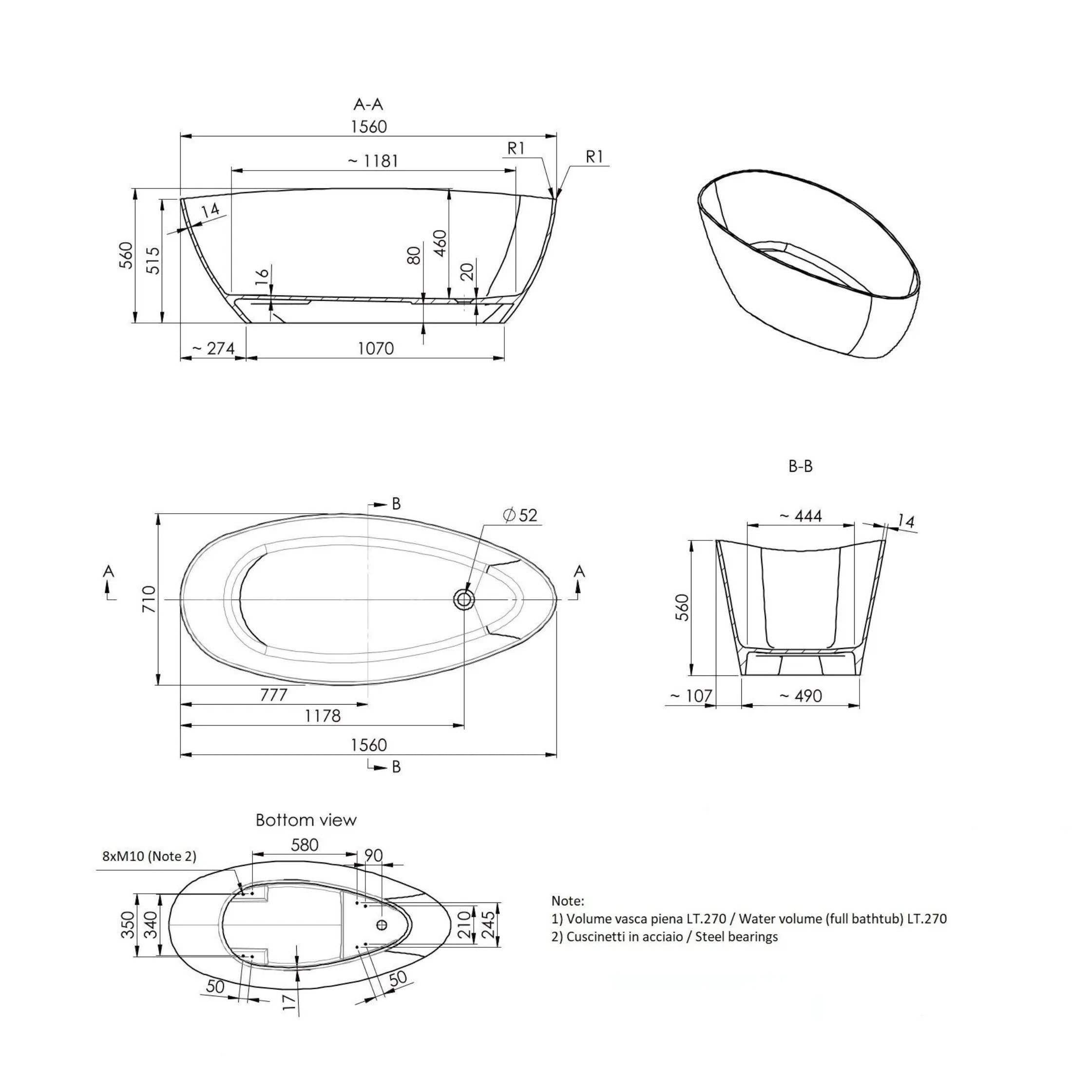 "Roma" freestanding bathtub in recomposed marble, 156x71 cm, 56h