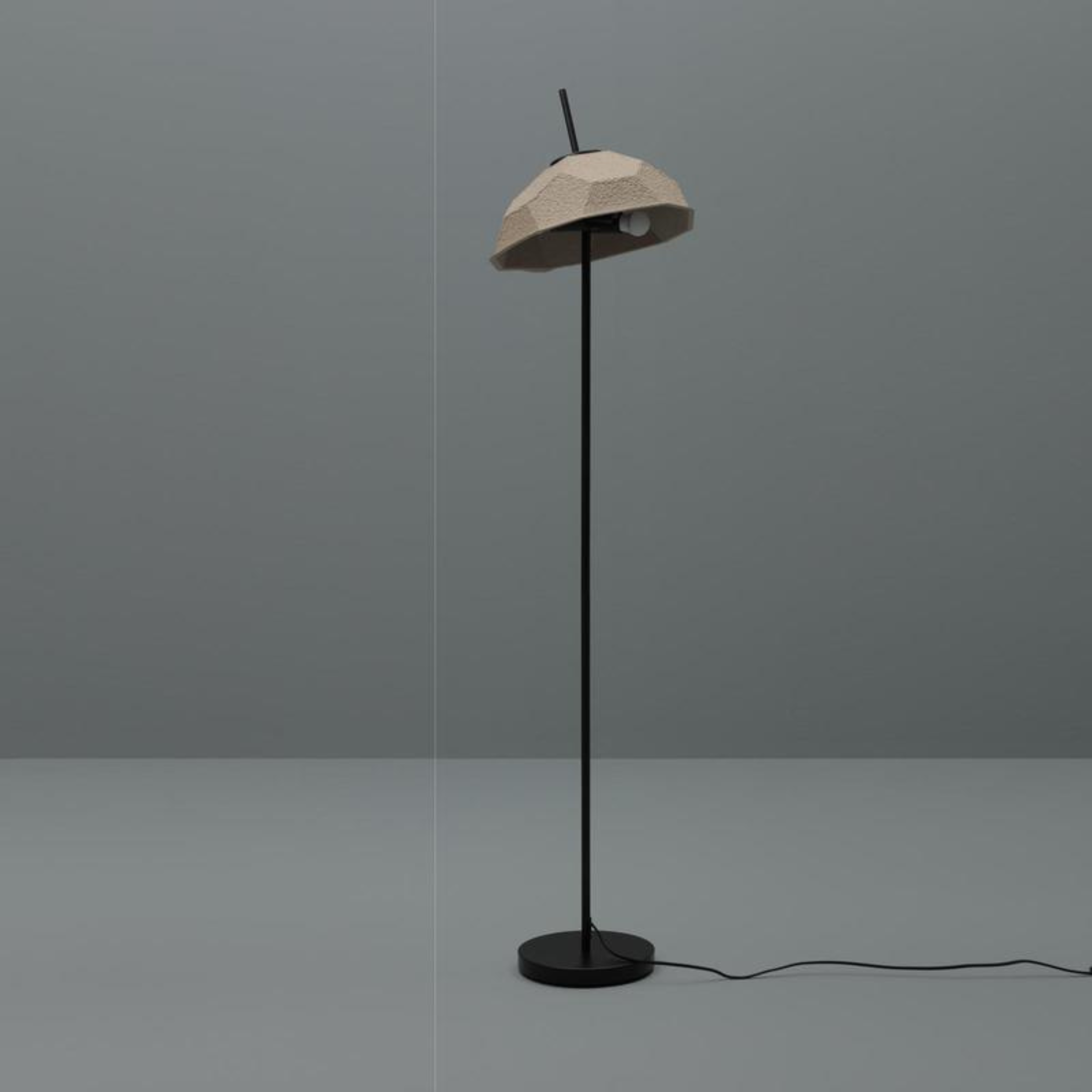 "Kande" metal lamp with recycled cardboard lampshade, floor, table and hanging.