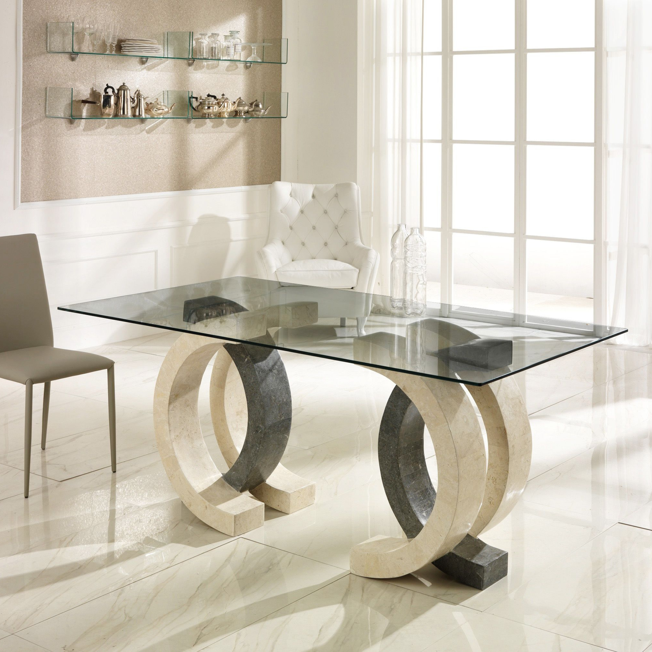 "Coco" stone dining table with tempered glass top, 180x100 cm, 76 cm high