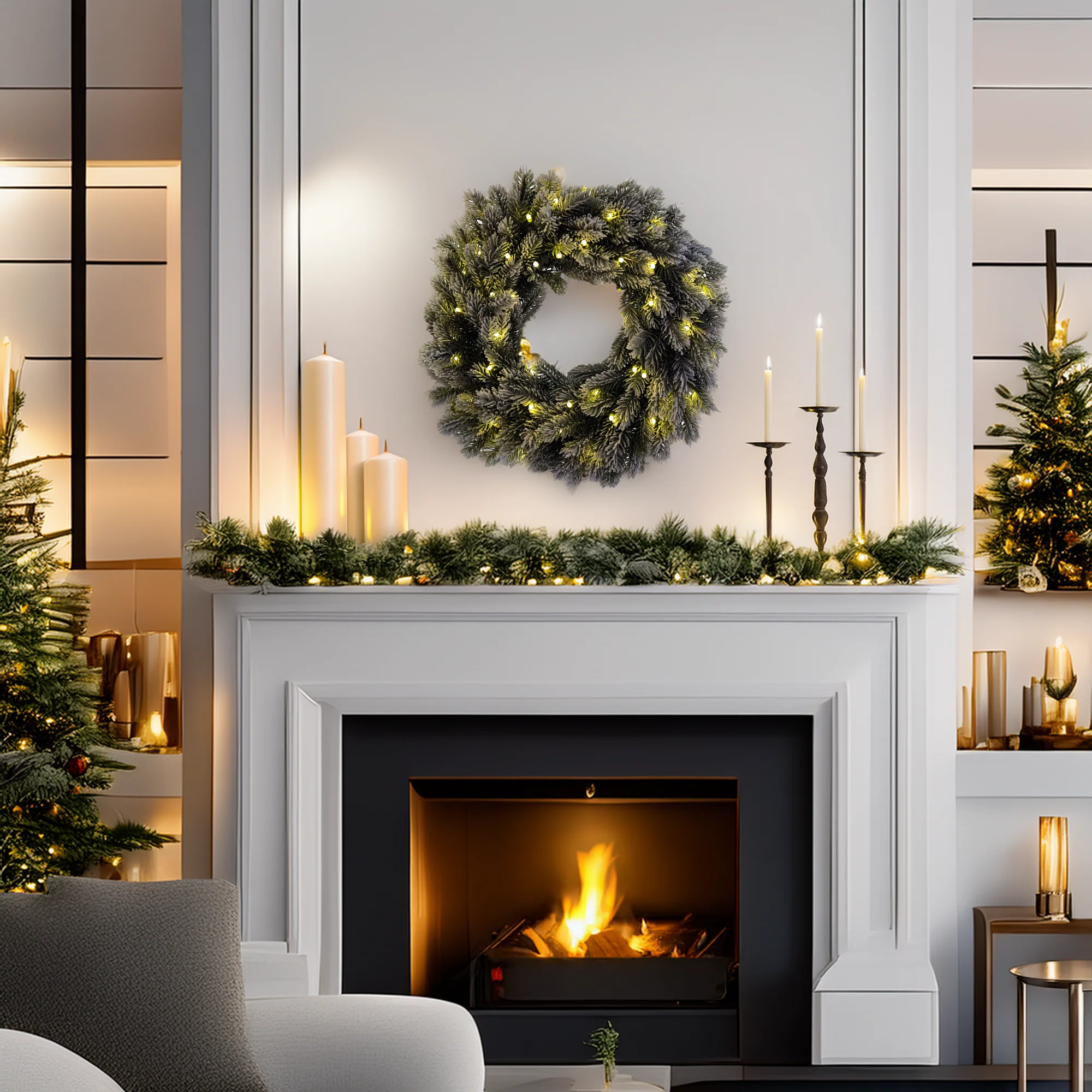 Snowy "Wreath" wreath in PE Real Touch effect Ø 50 cm with integrated LEDs