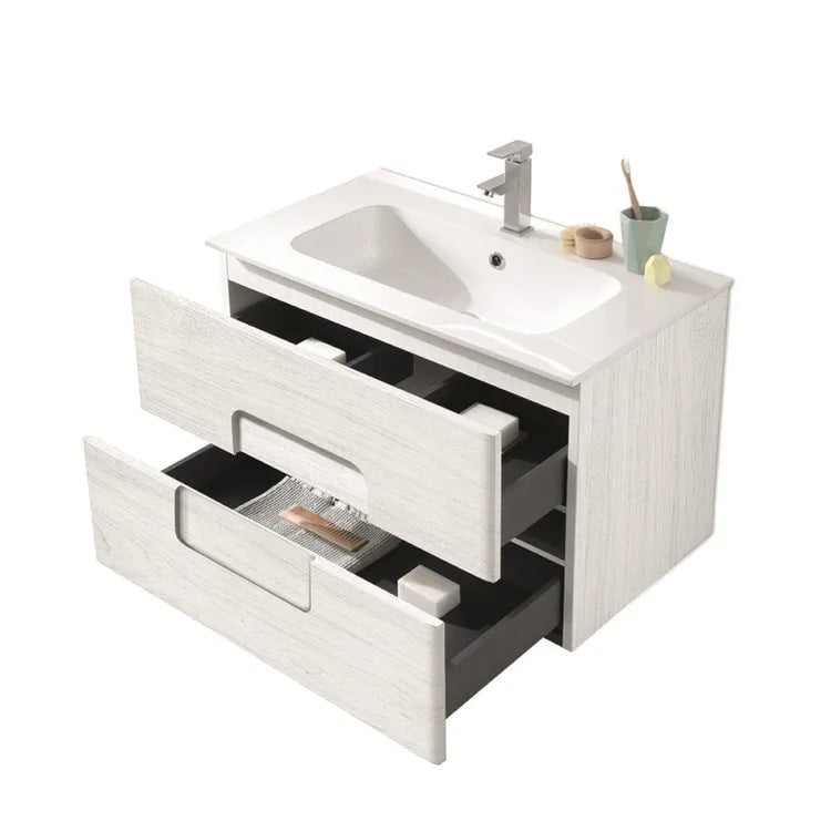 "Jade80" wall-hung bathroom cabinet in white larch wood with 2 drawers and sink