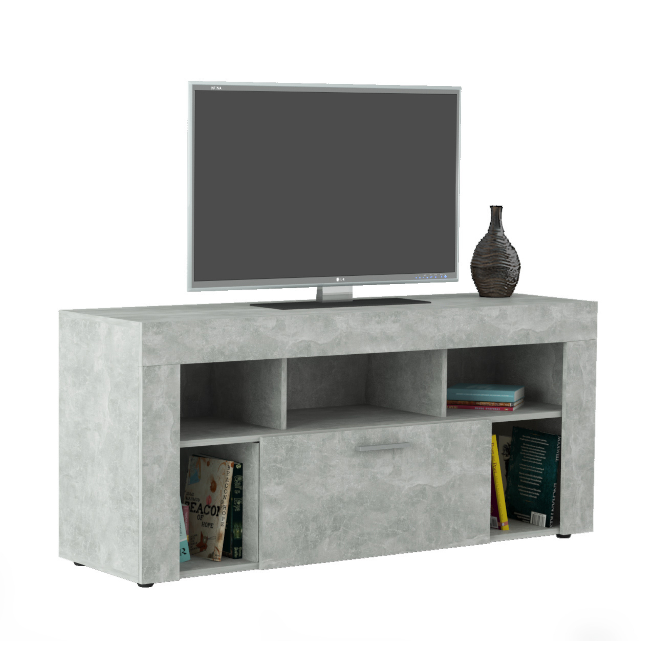 "Vision" TV stand in chipboard with 1 door and shelves, 130x42 cm, 60 cm high