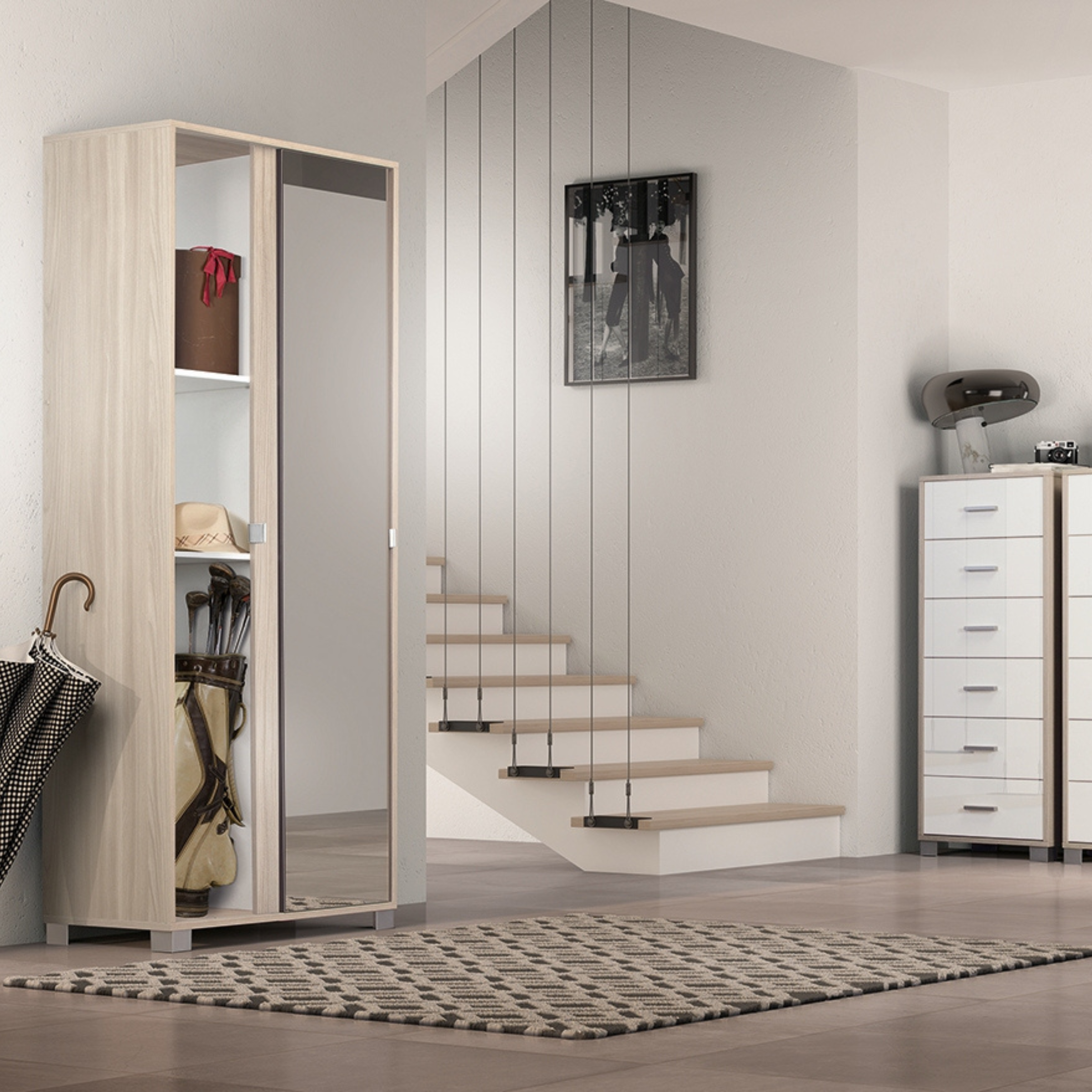 "Rebel" 2-door sliding wardrobe with wooden mirror, 8 shelves, 82x42 cm, 190 cm high