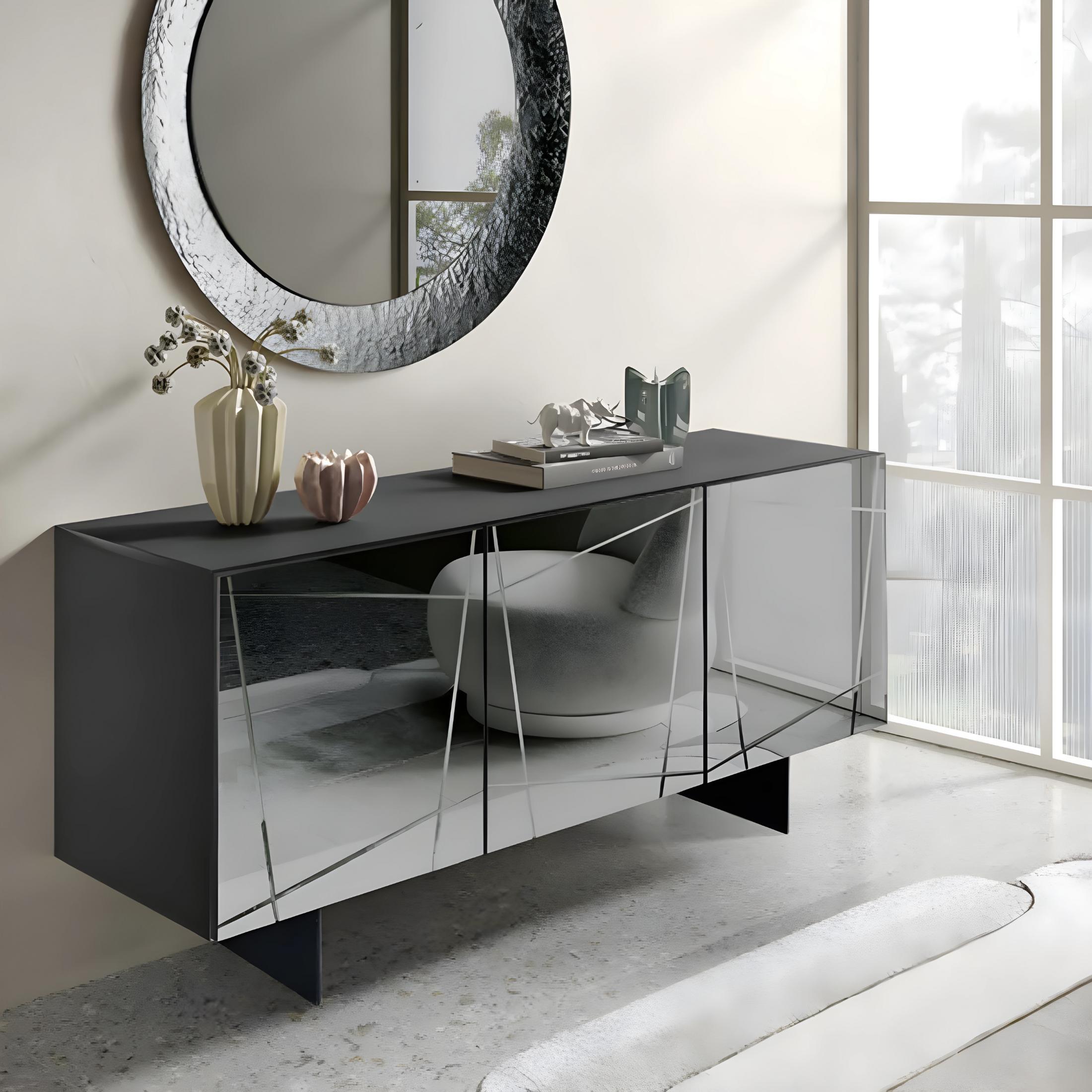 Modern, pre-assembled wooden sideboard "Conty" with 3 mirrored doors, 180x50 cm, h80 cm