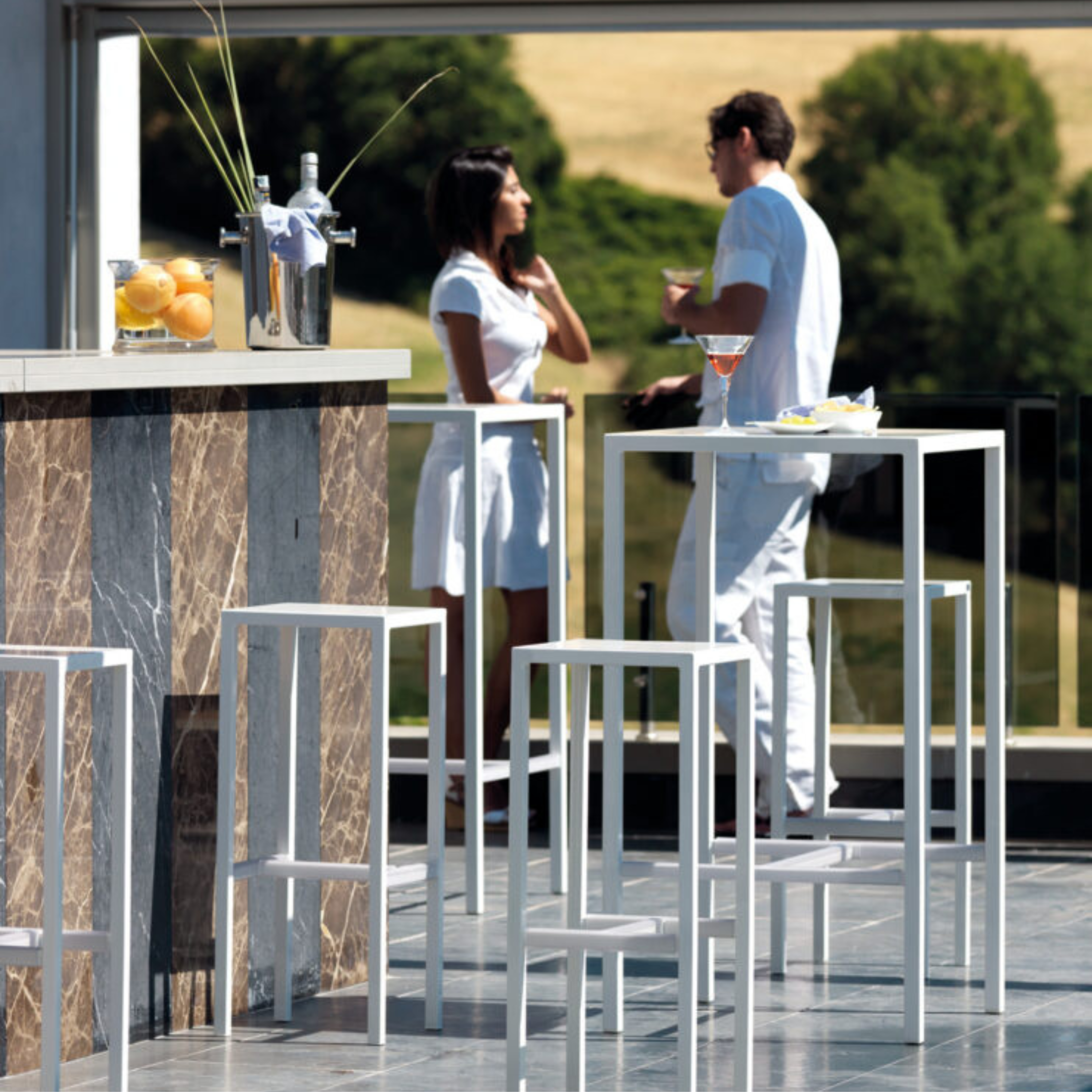 Modern garden high table set + 2 "Seaside" metal stools, 60x60 cm, 110 cm high.