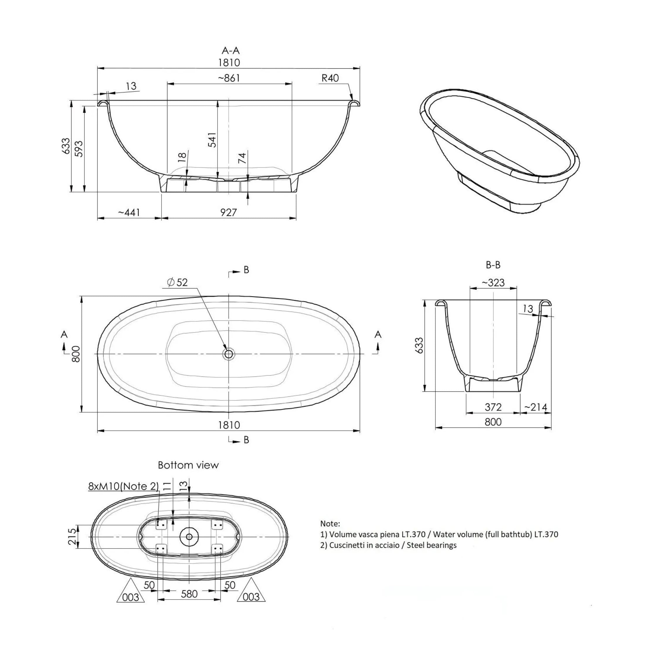 "Rossana" freestanding oval bathtub in recomposed marble, 181x80 cm, 63.3 cm high