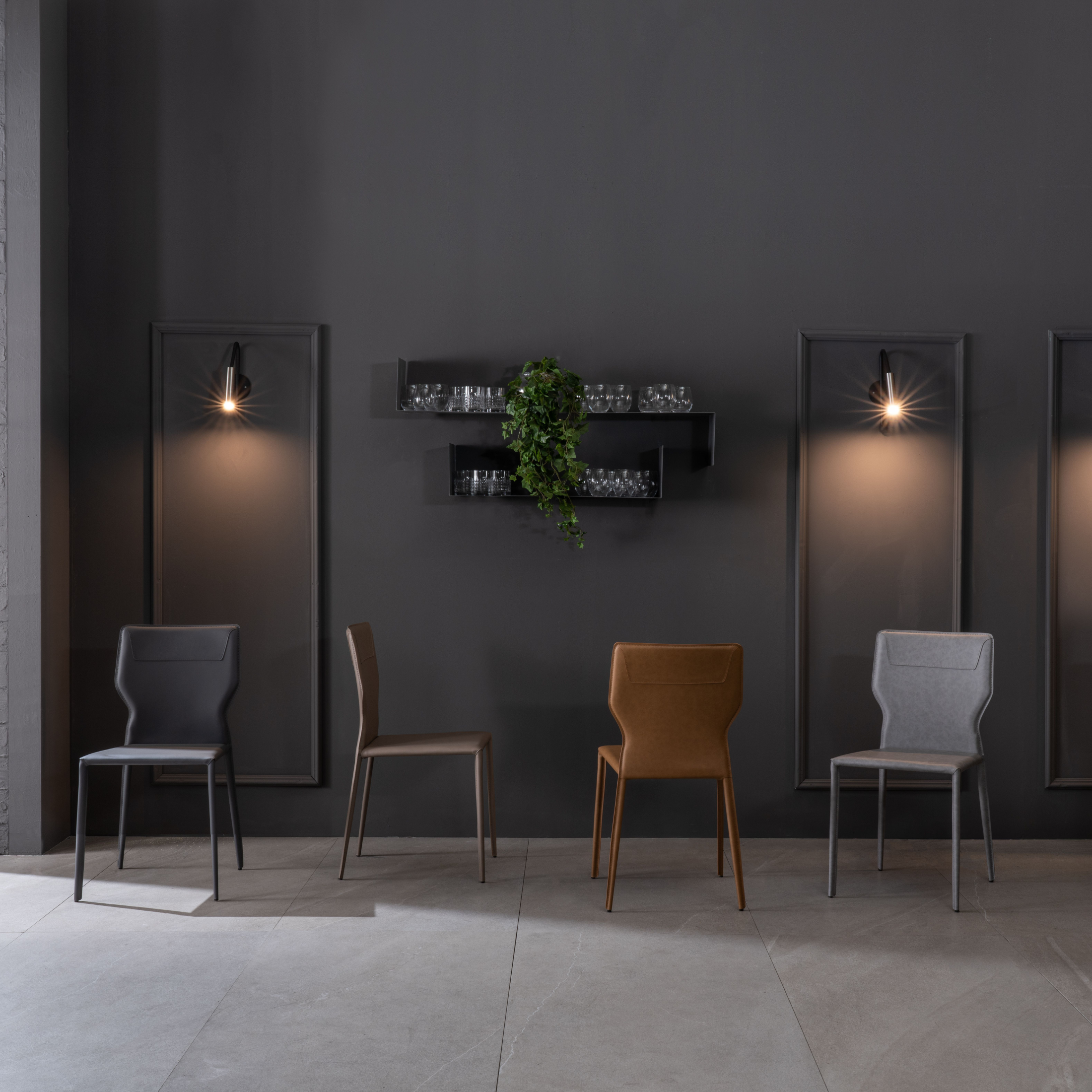 Set of modern "Quito" faux leather chairs with metal legs, 44x56 cm, 86.5 cm high.