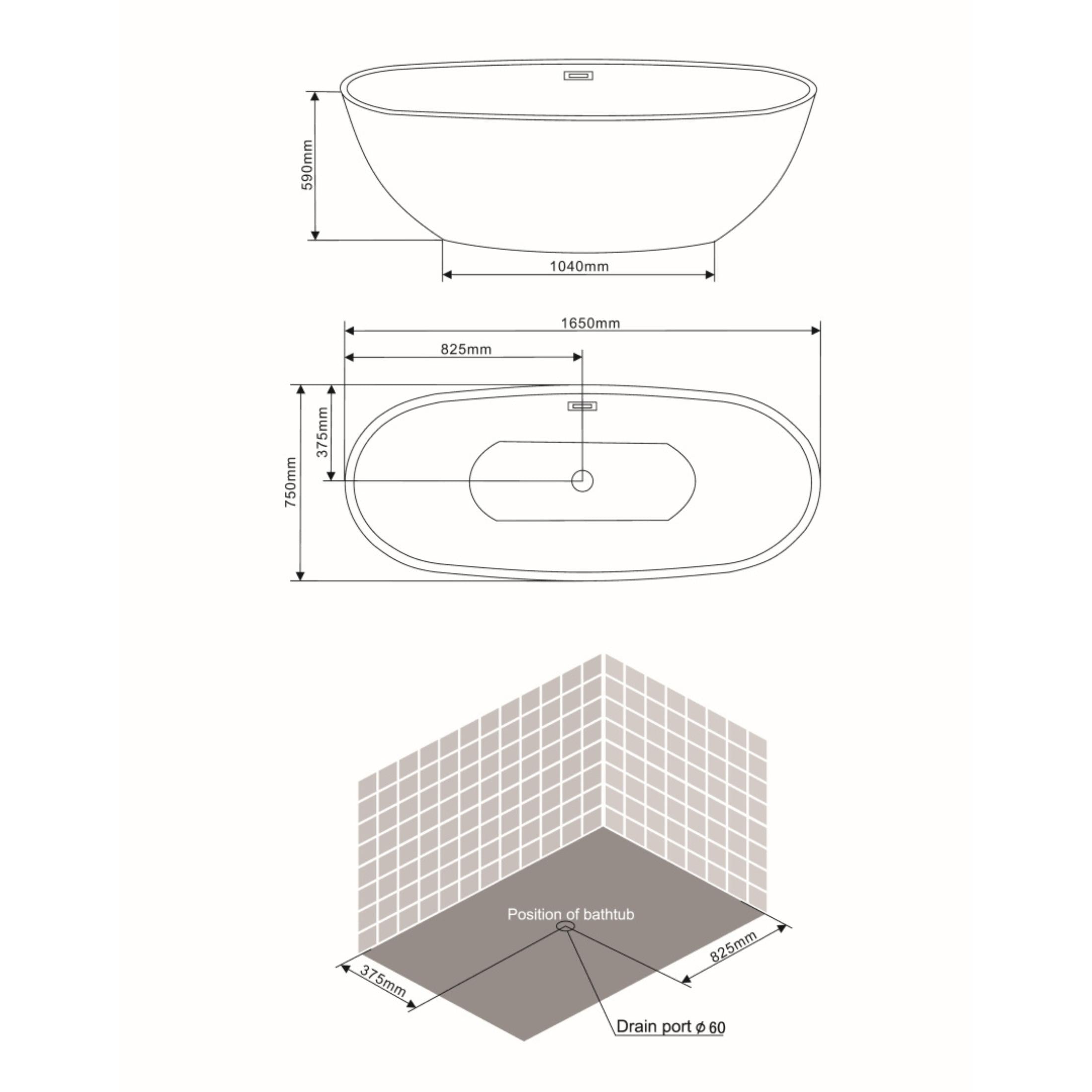 "Clarissa" oval freestanding bathtub in white acrylic, 165x75 cm, 59h