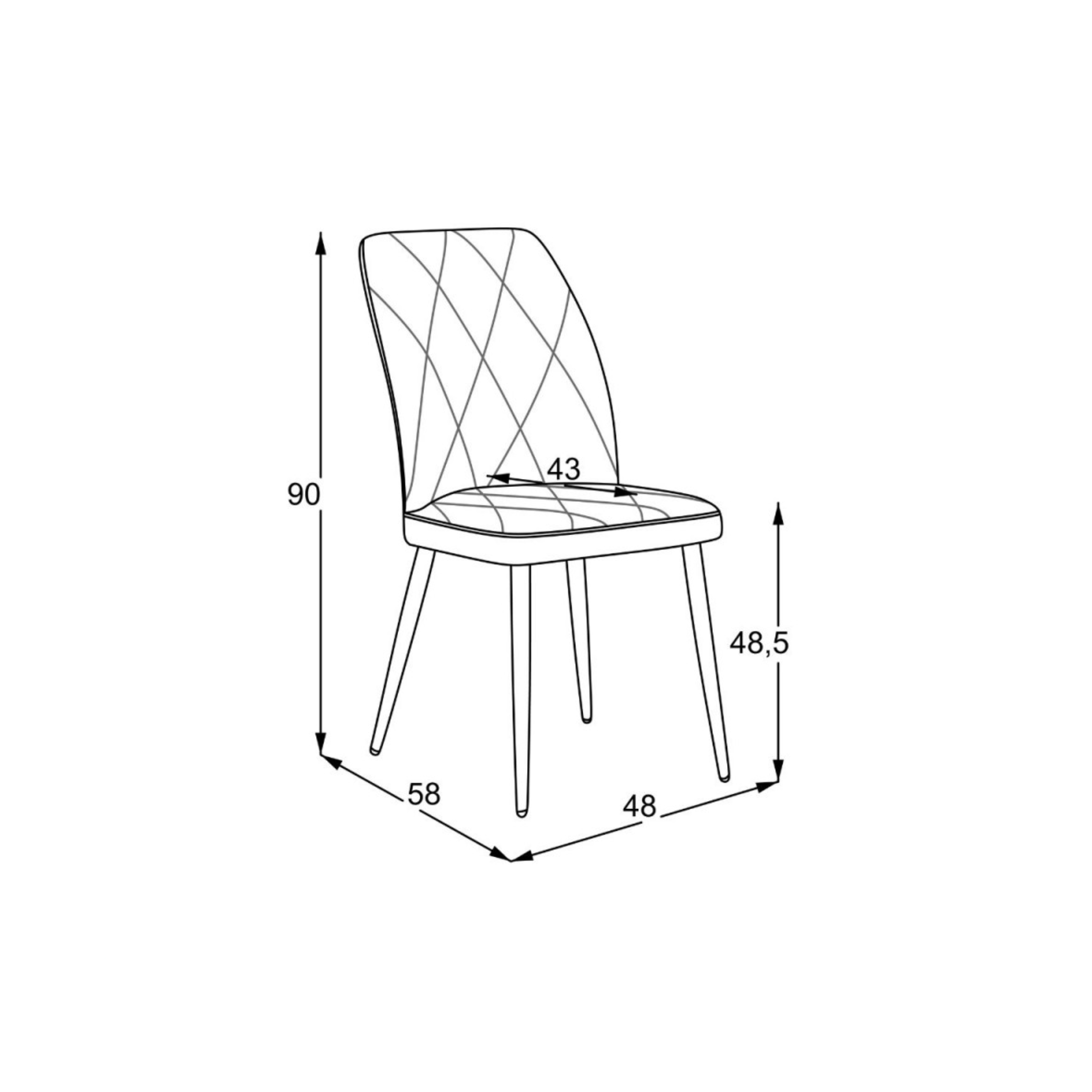 Set of "Vika" dining chairs upholstered in fabric with black metal legs, 48x58 cm, 90 cm high.