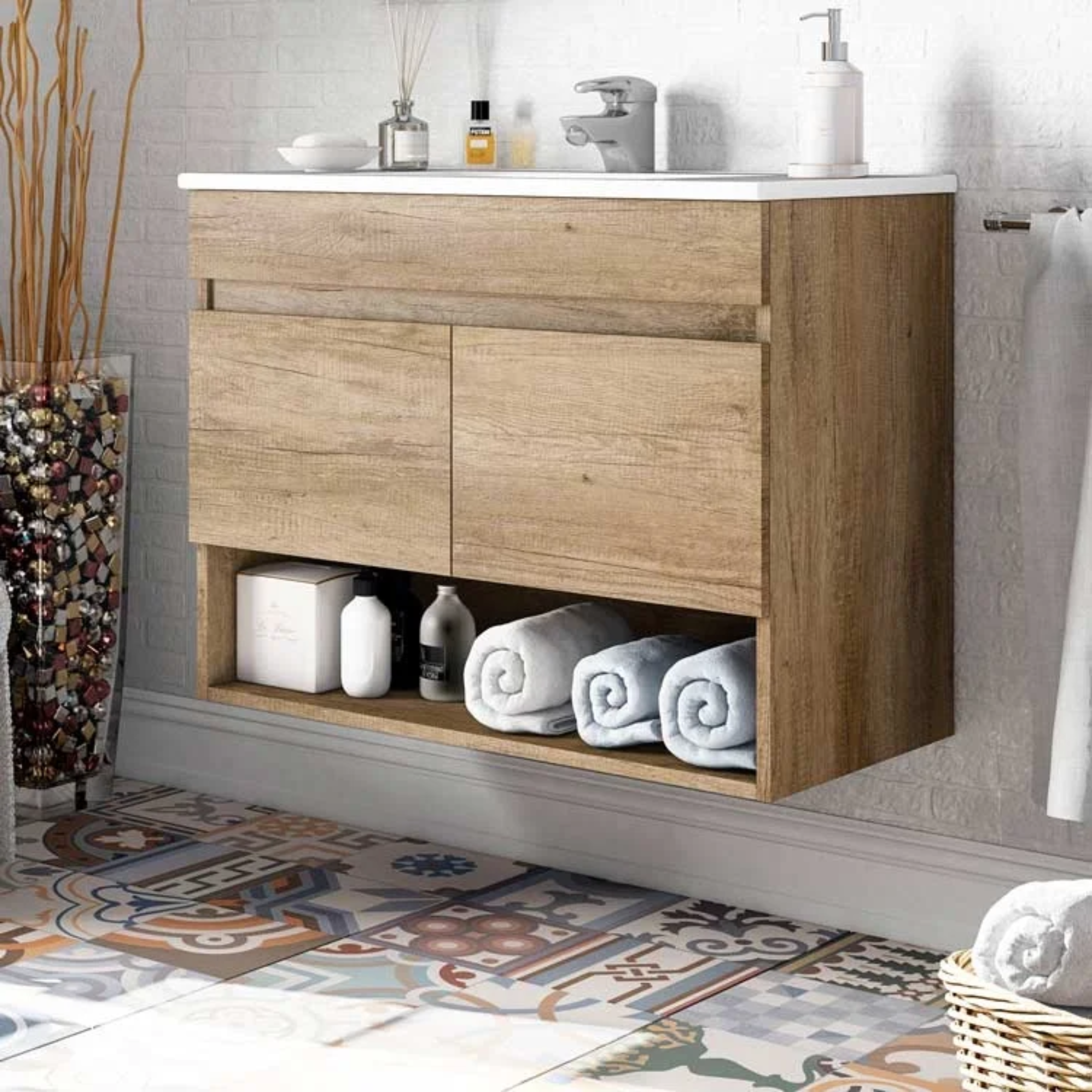 "Bali" suspended bathroom cabinet with 2 doors and mirror in Nordik oak wood