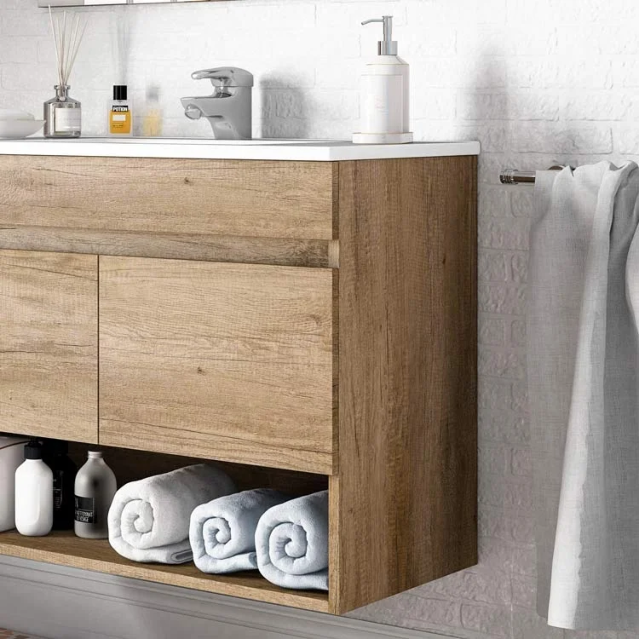 "Bali" suspended bathroom cabinet with 2 doors and mirror in Nordik oak wood