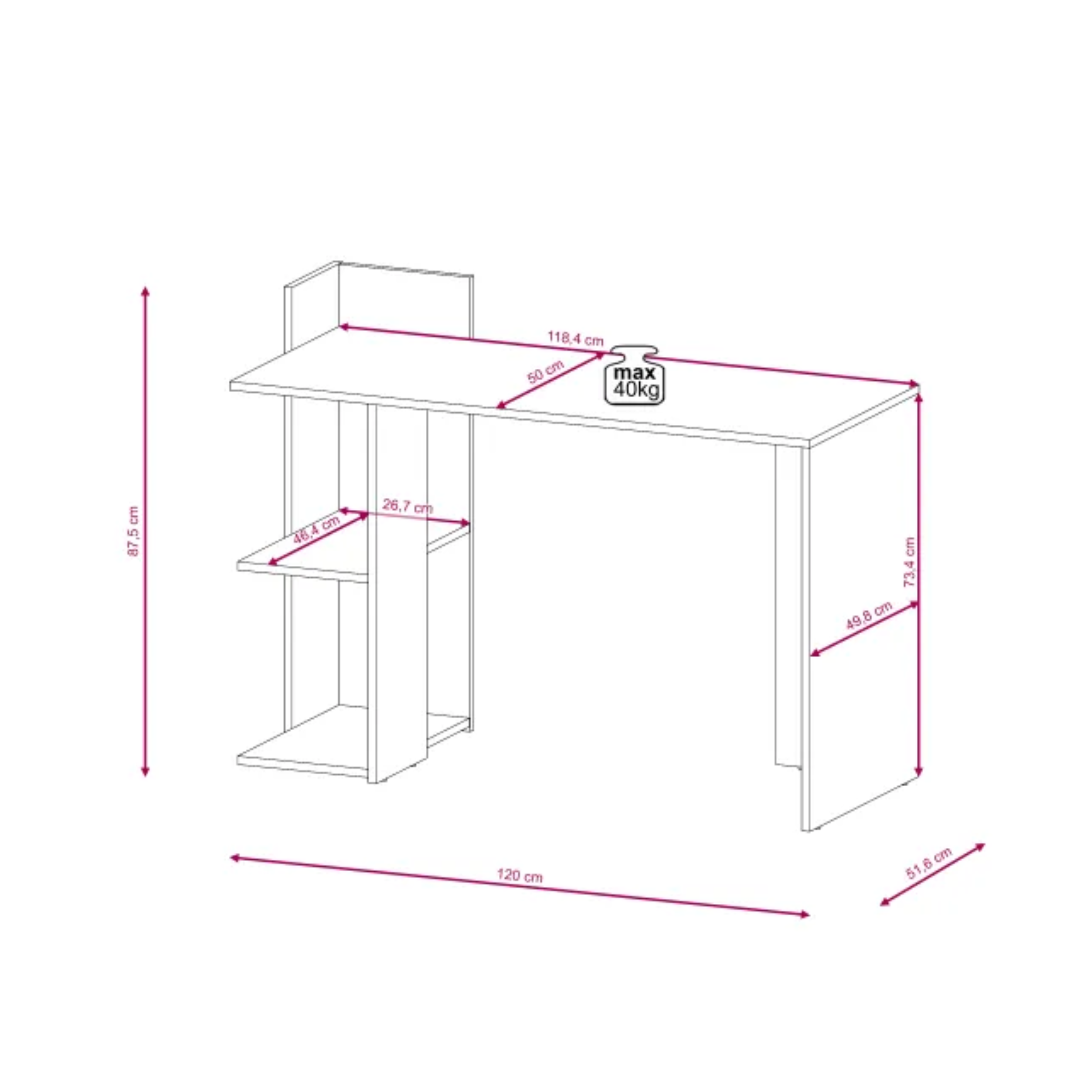 Modern "Baco" desk with shelves, oak color, 120x51 cm, 87h
