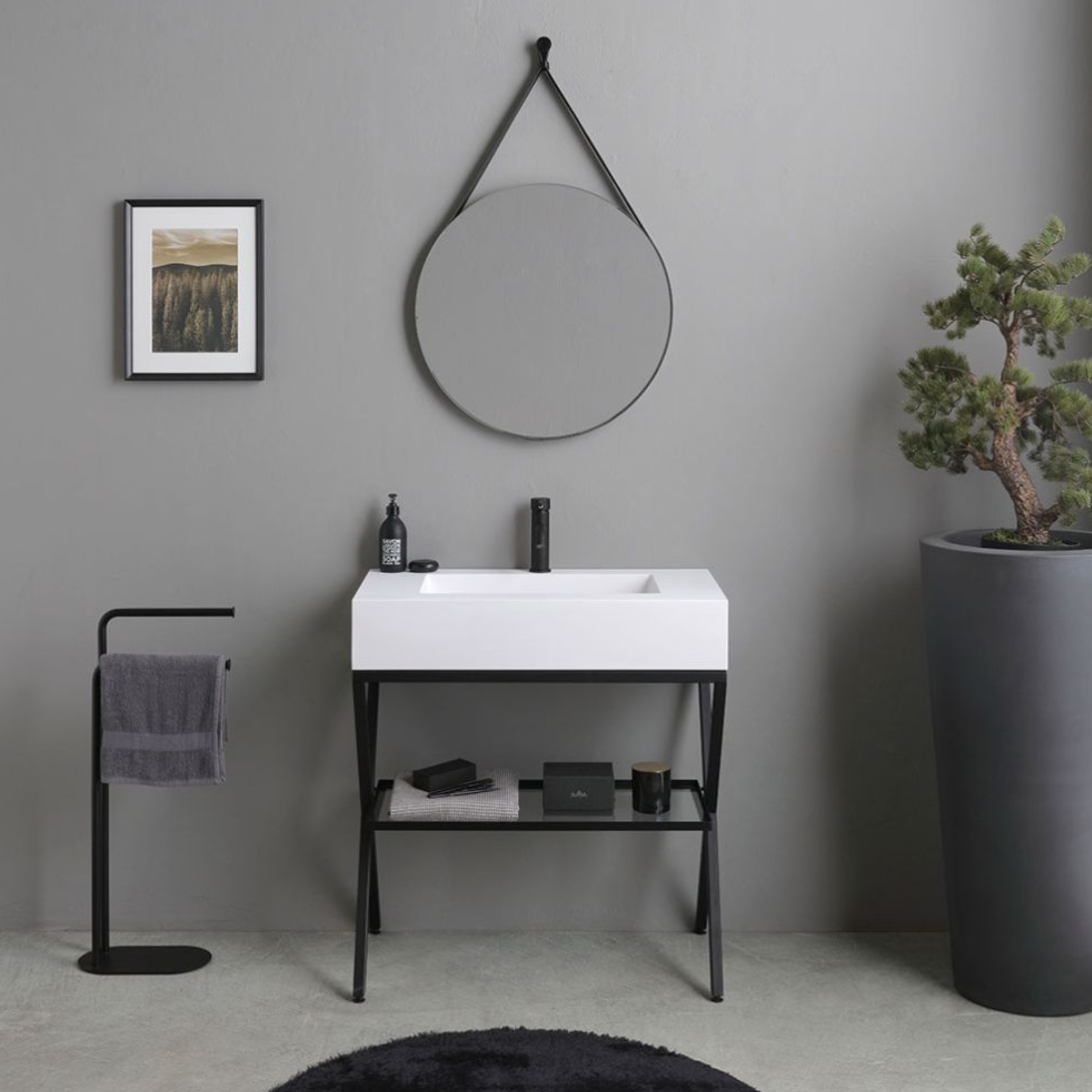 "Cancun" 80cm floor-standing bathroom cabinet with white resin sink and round mirror with leather strap