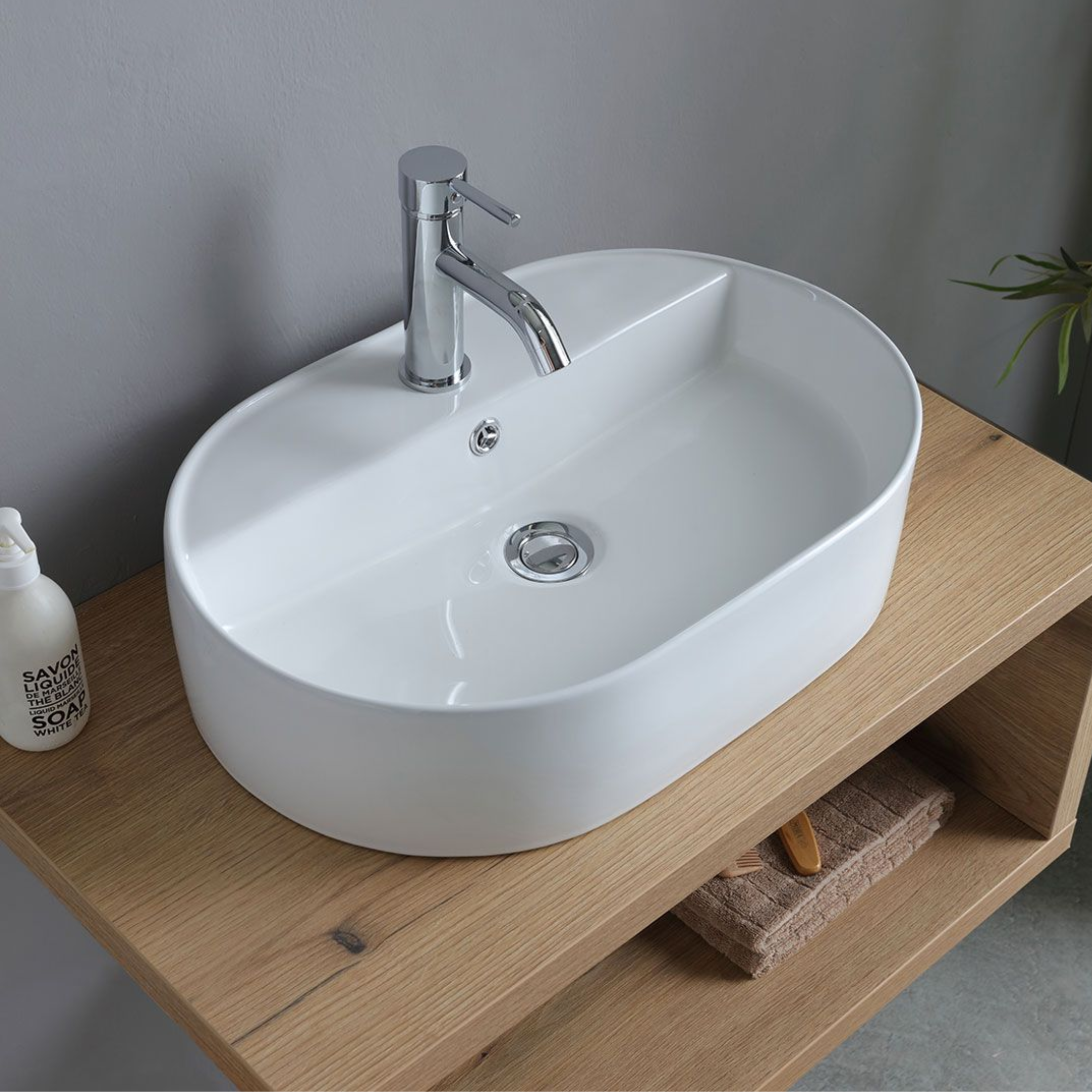 "Cipro" 80 cm wall-hung bathroom cabinet in natural oak with white oval ceramic sink and mirror
