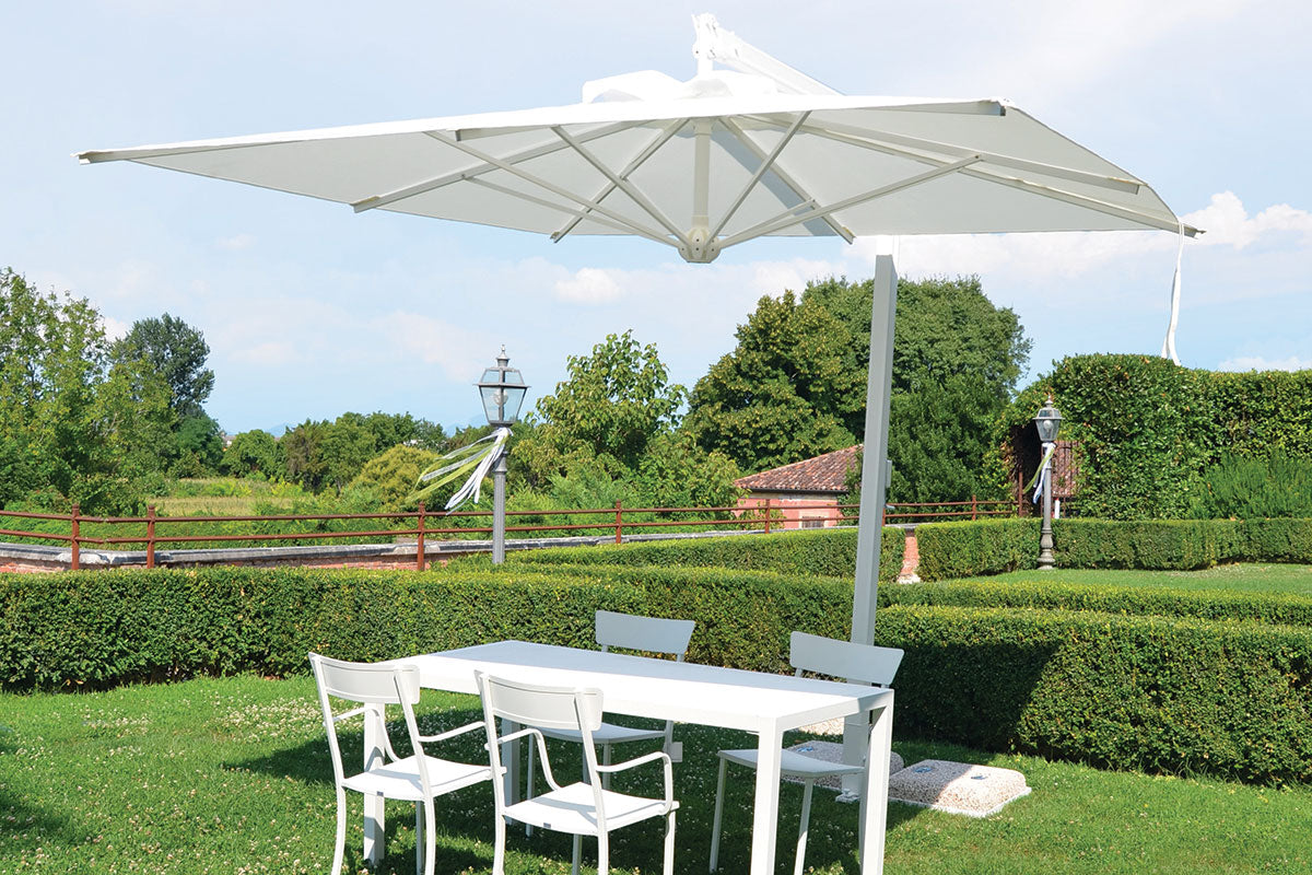Modern white garden umbrella "Diffusion Classic" fixed and rotating side pole