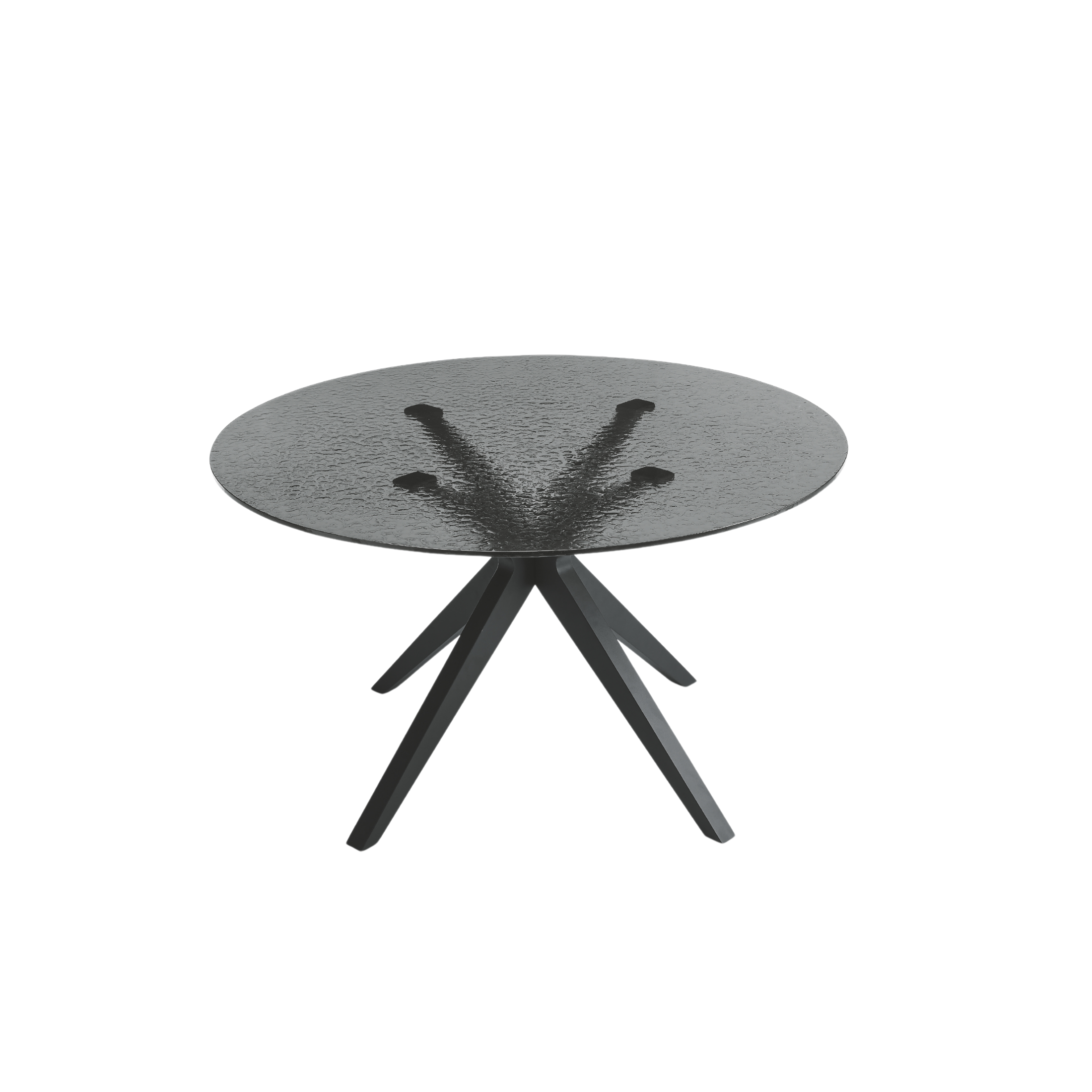 "Eivissa" modern fixed table with smoked hammered glass top and metal base