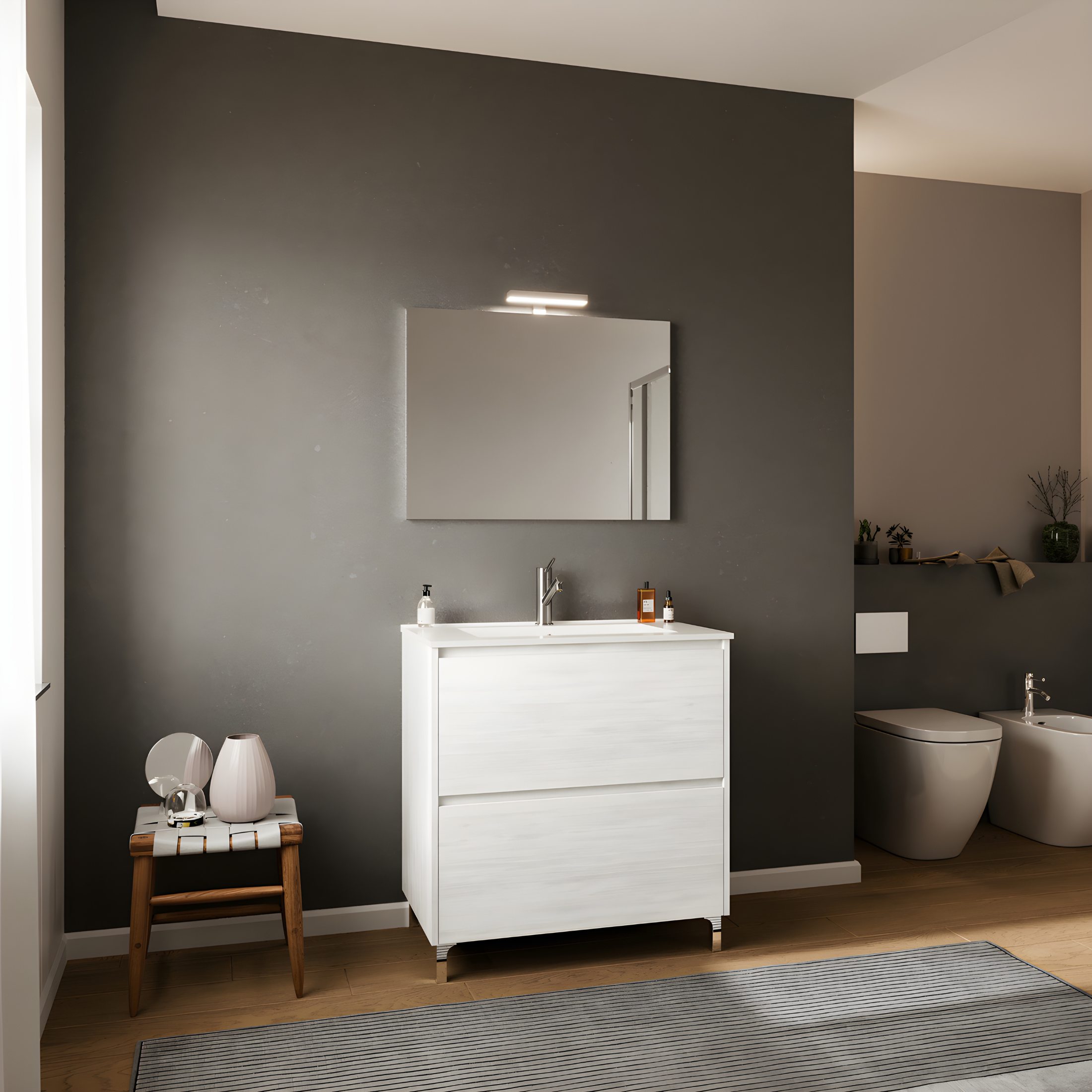 Modern "Elo" wooden bathroom cabinet with integrated sink and LED mirror