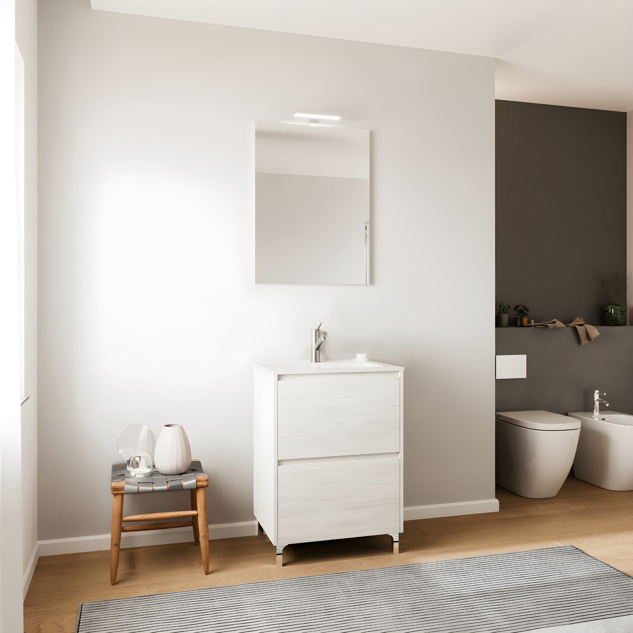 Modern "Elo" wooden bathroom cabinet with integrated sink and LED mirror