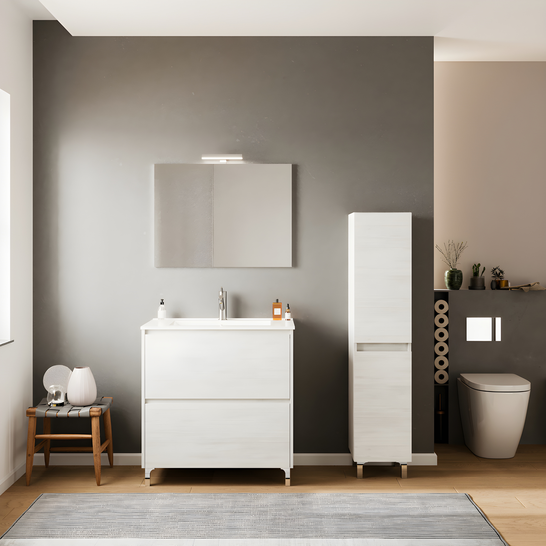 Modern "Elo" wooden bathroom cabinet with integrated sink and LED mirror