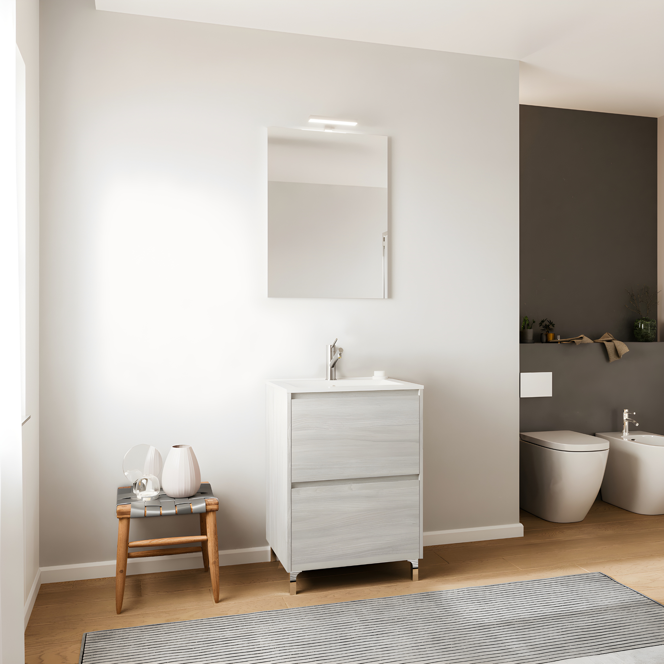 Modern "Elo" wooden bathroom cabinet with integrated sink and LED mirror
