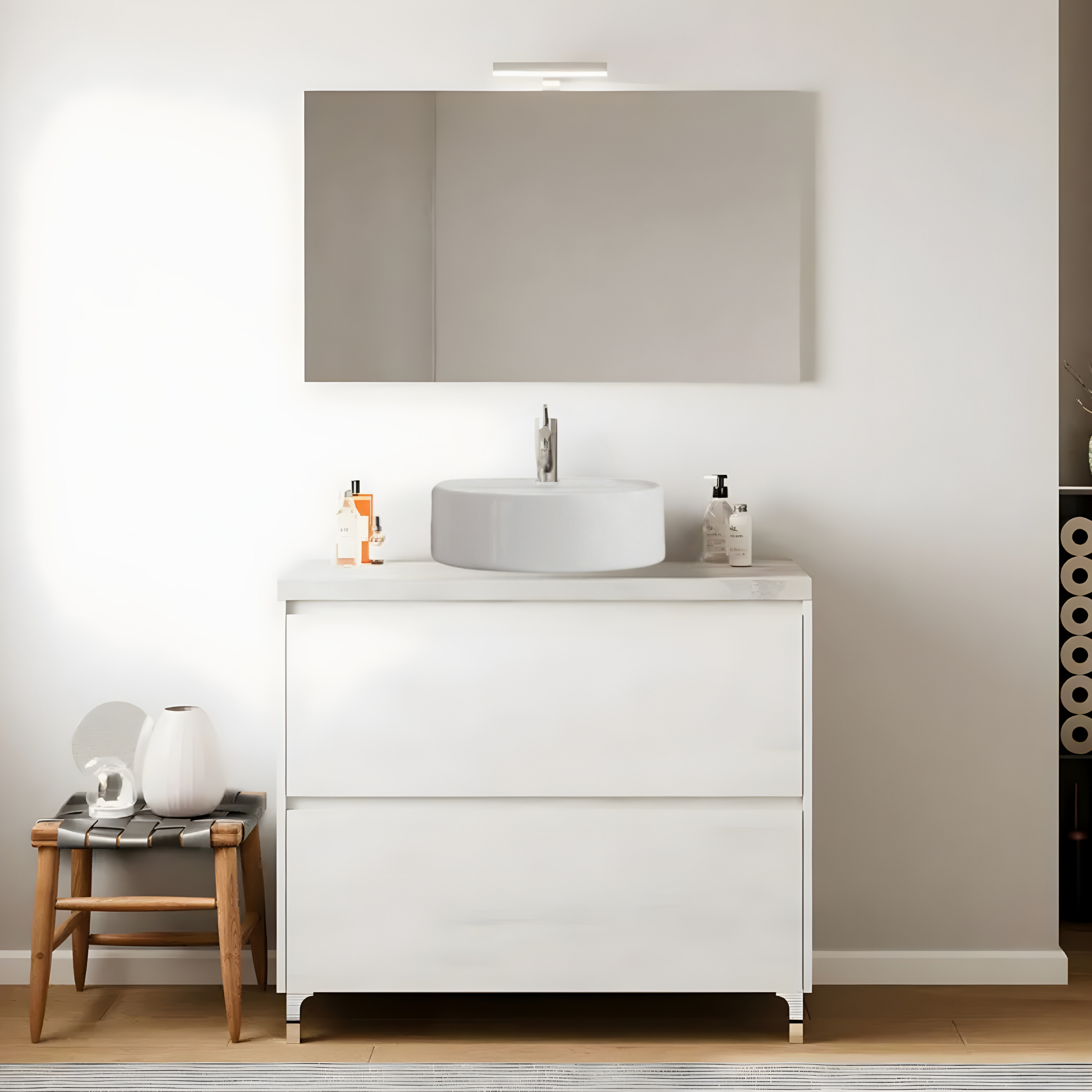 Modern wooden bathroom cabinet "Elorin" with LED mirror top and countertop sink