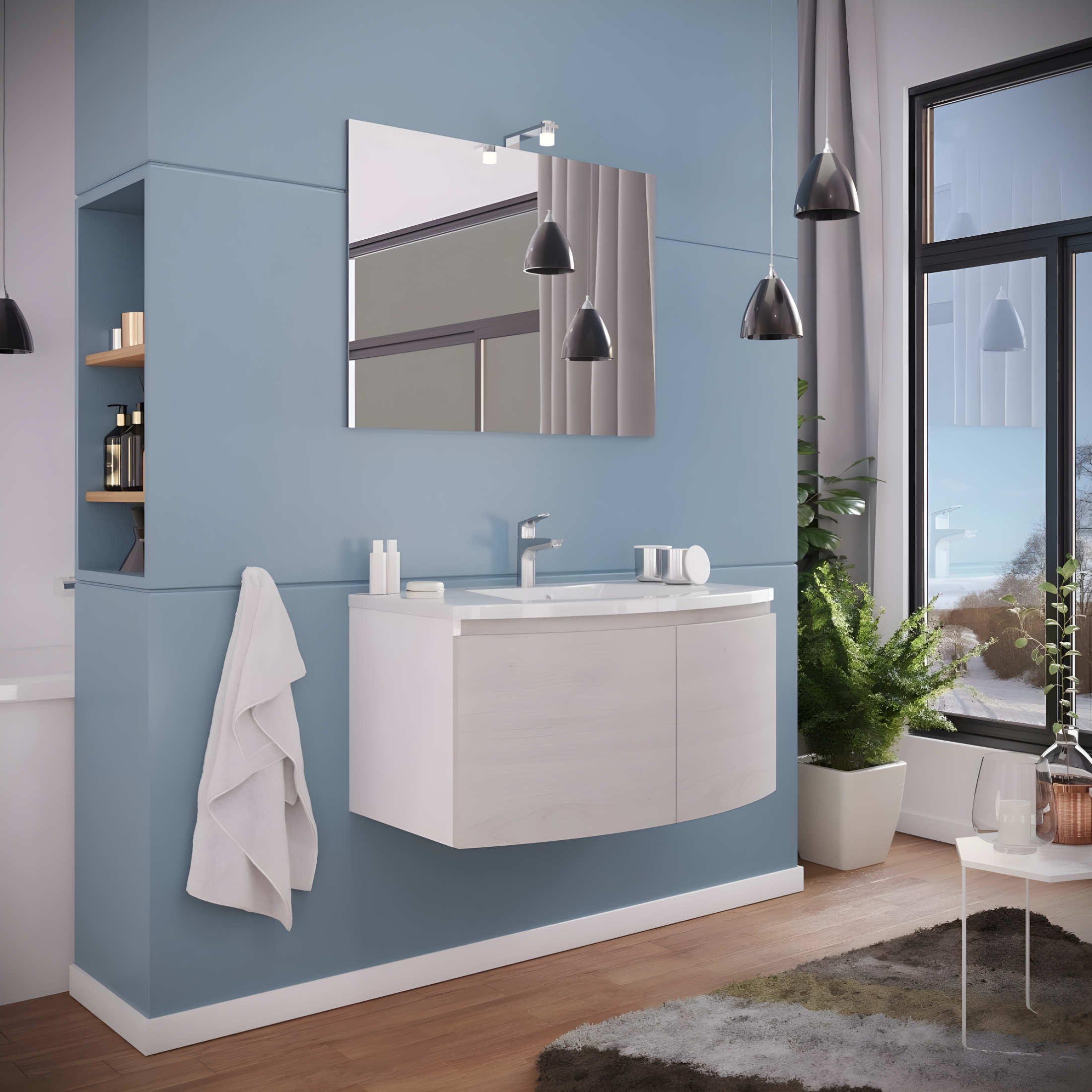 "Ettore" wall-hung bathroom cabinet with 2 doors, LED mirror and 80x49 cm 42h ceramic sink