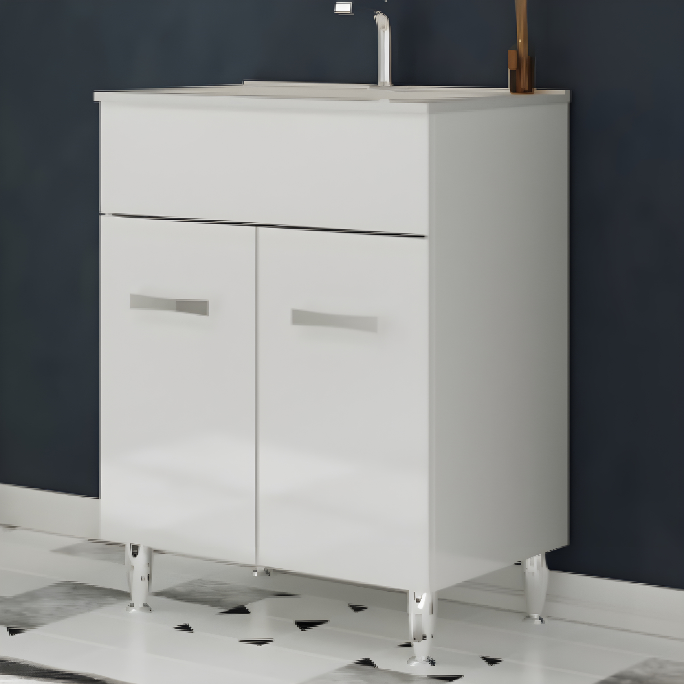 "Elendir" bathroom cabinet with integrated ceramic sink, handles and chrome feet