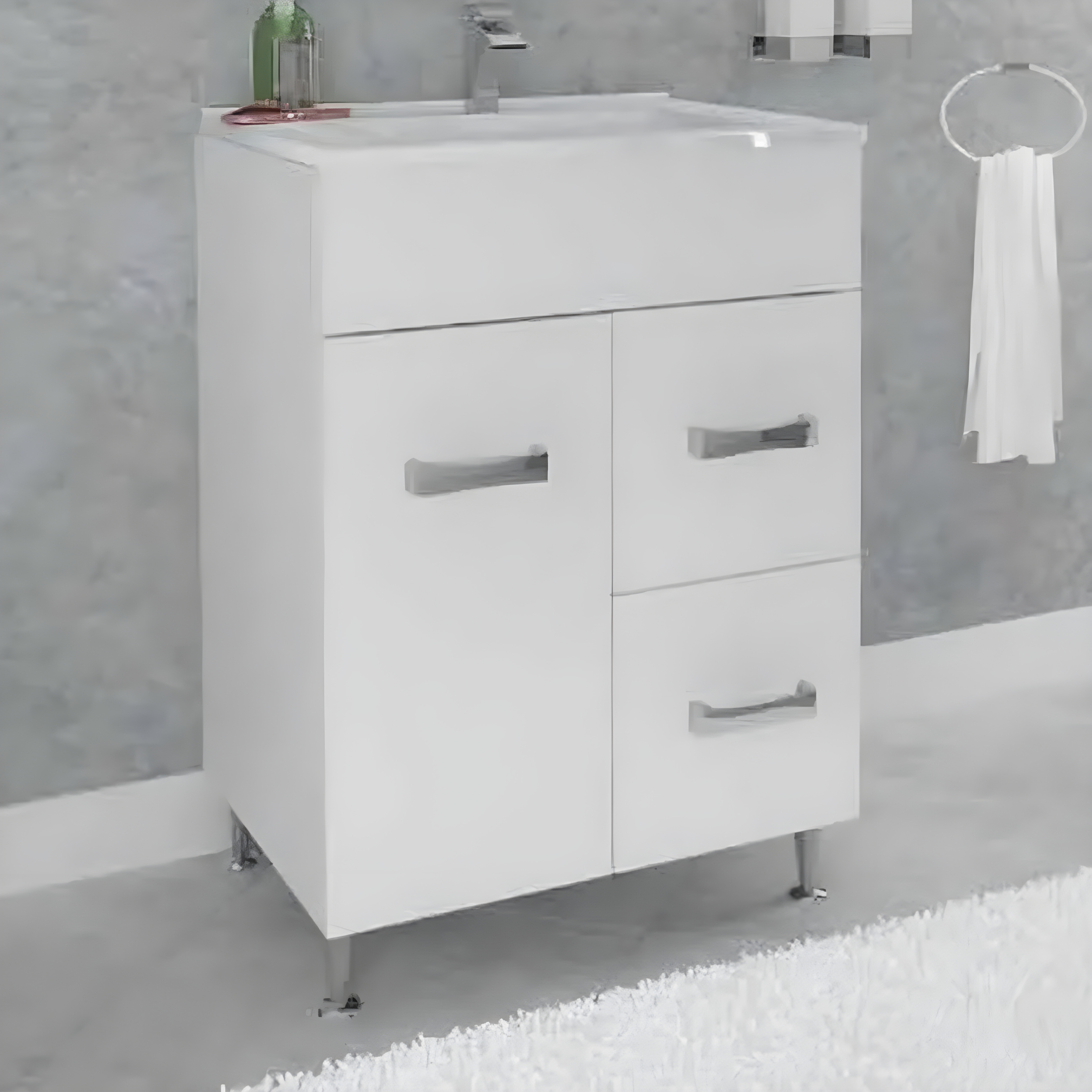 "Elendir" bathroom cabinet with integrated ceramic sink, handles and chrome feet