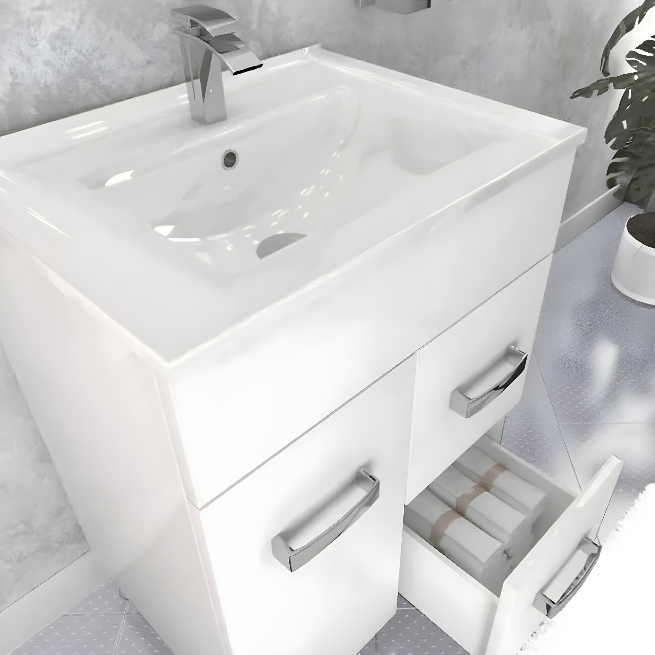 "Elendir" bathroom cabinet with integrated ceramic sink, handles and chrome feet