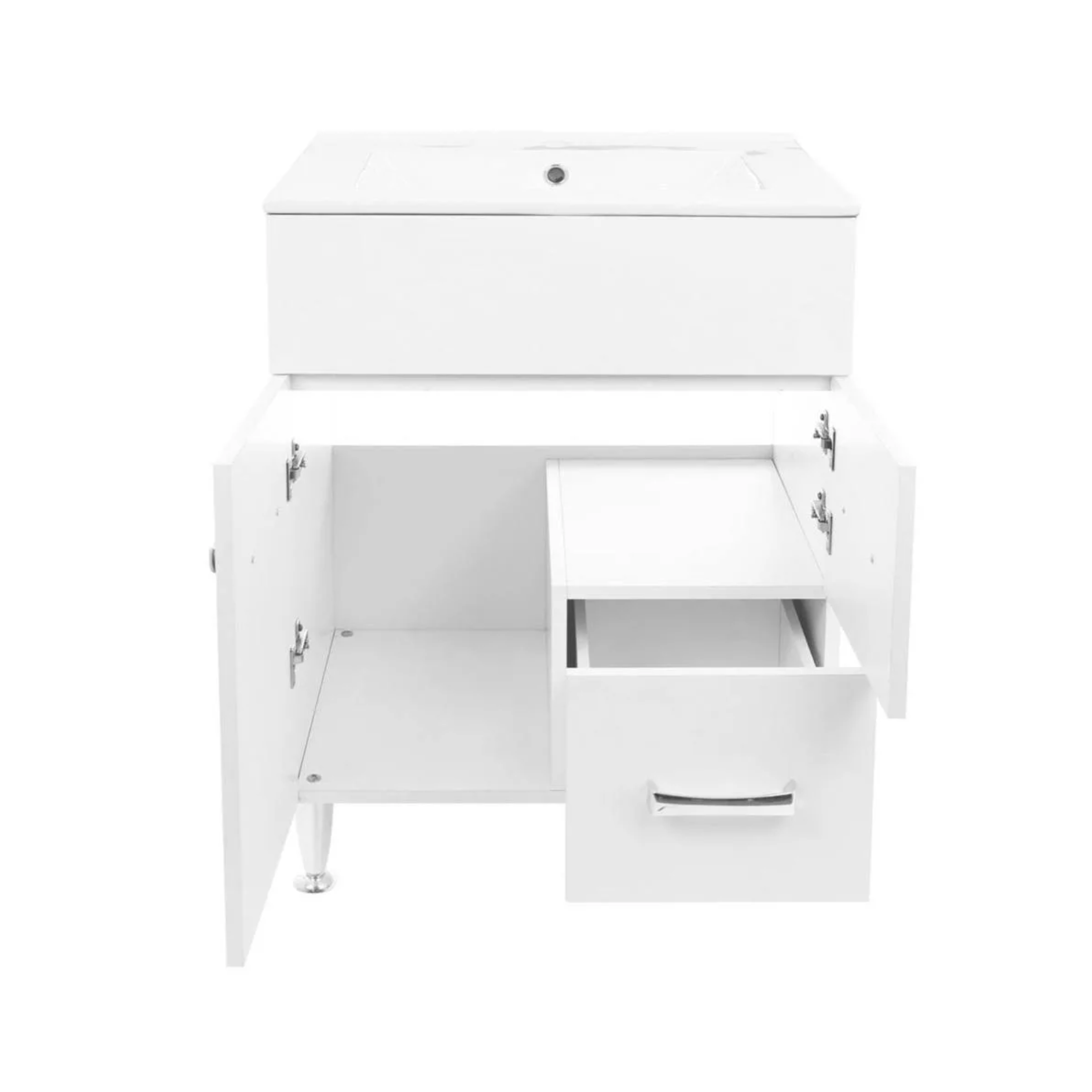 "Elendir" bathroom cabinet with integrated ceramic sink, handles and chrome feet