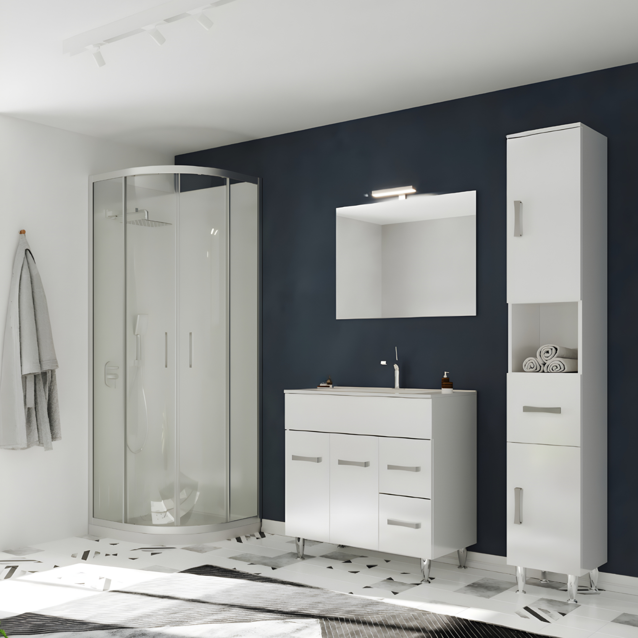 "Elendir" bathroom cabinet with integrated ceramic sink, handles and chrome feet